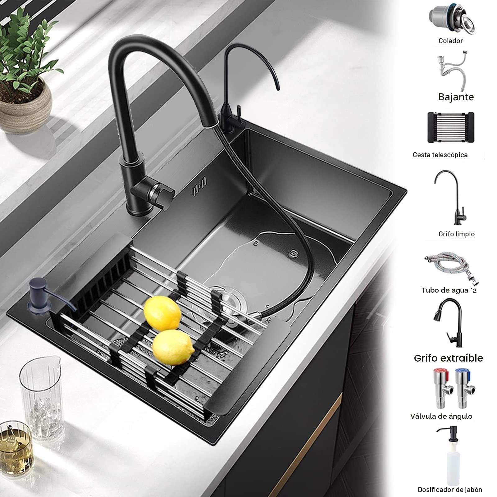 Fregadero de cocina Fregadero negro de acero inoxidable 304 para bar, balcón, bar y cocina con dispensador de jabón, grifo y juego de desagüe (gris oscuro, 50 x 45 cm)