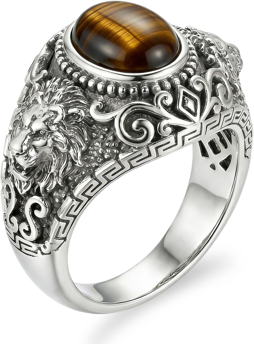 Men's 925 Sterling Silver Lion Head Ring, Greek Key Regal Statement Band for Men, Sizes 6-15