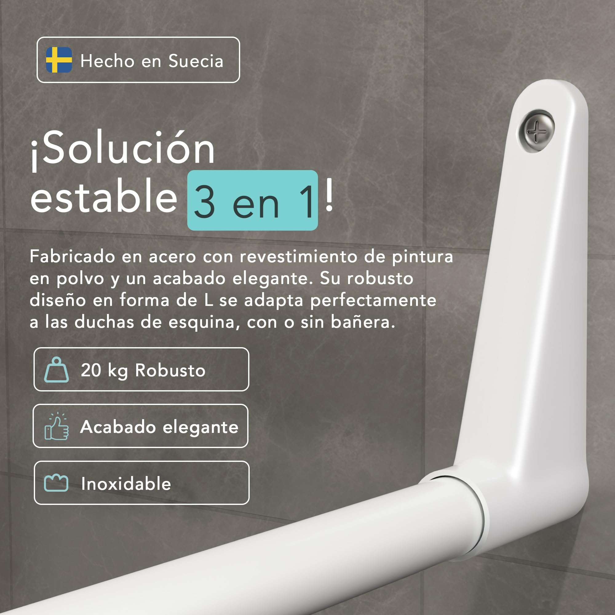 Erica Barra Ajustable en Forma de L para Cortina de Ducha de Bañera, Blanca | 70x90cm / 70x160cm / 90x140cm; Barra de Ducha con Montaje en Pared; Barra de Ducha Curva; Acero con Recubrimiento en Polvo