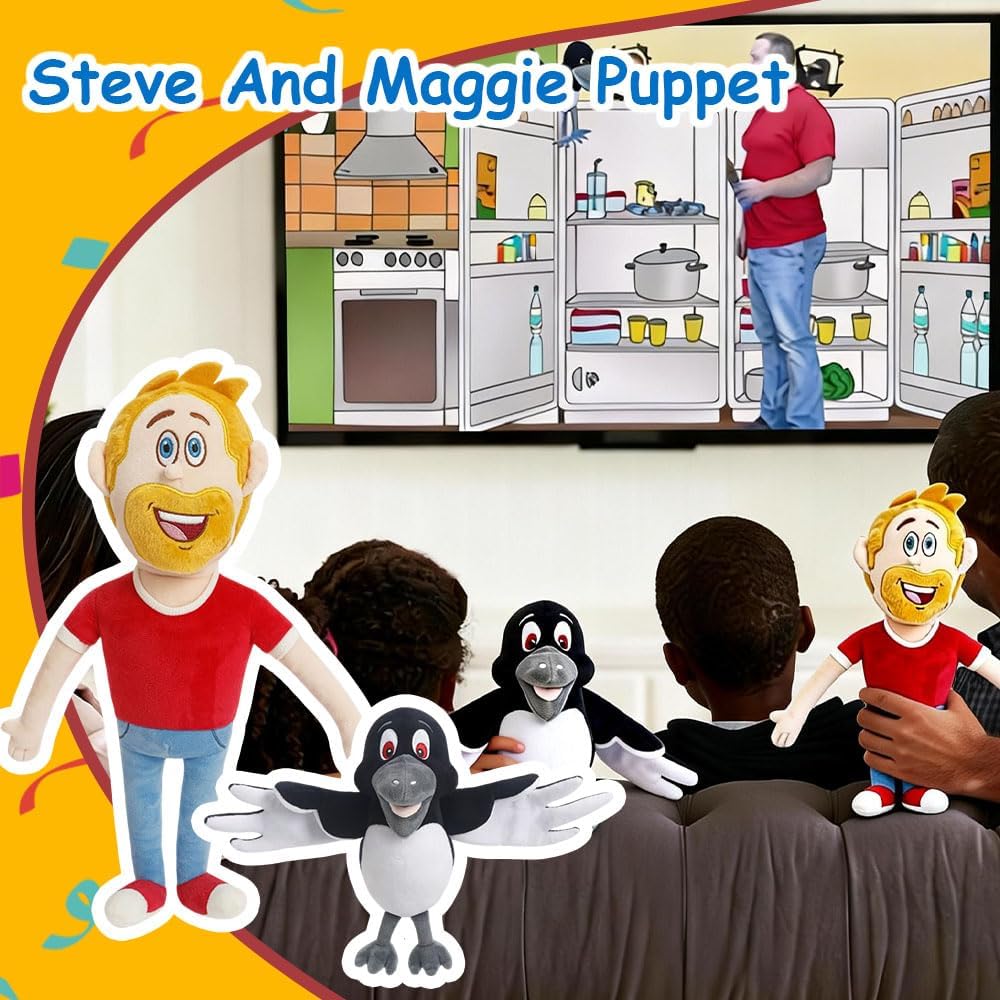 Steve and Maggie Plush Toys, Puppet Set for Children 1 Year and Up, Soft Bird and Character Puppets, Interactive Learning Toy for Dress-Up, Nursery Rhymes, and Bedtime Stories (2-in-1)