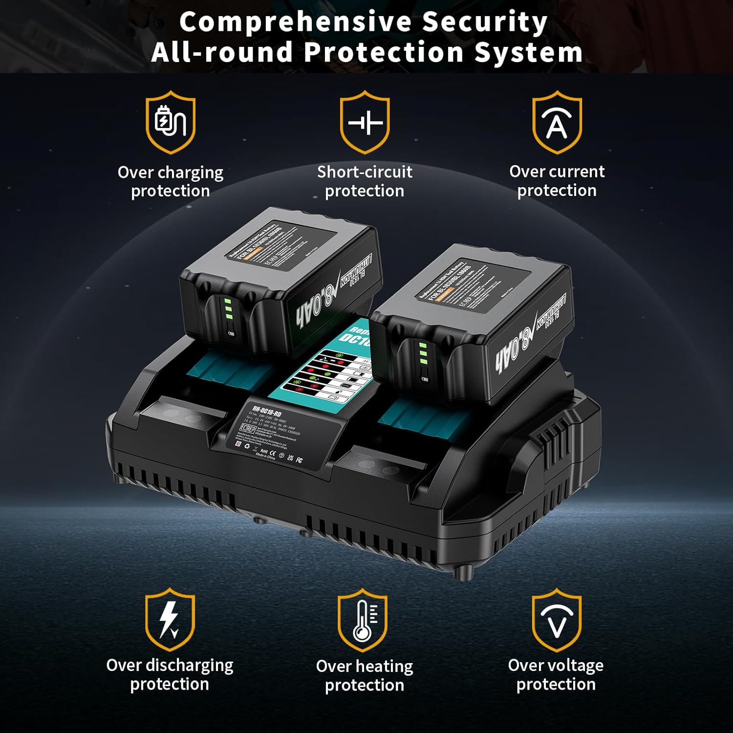 2 Pack 8.0Ah High Capacity Battery and Charger Combo Replacement for Makita 18V Battery Compatible with BL1860B BL1850B BL1840B BL1830B BL1820 BL1815B with LED Indicator - Image 6