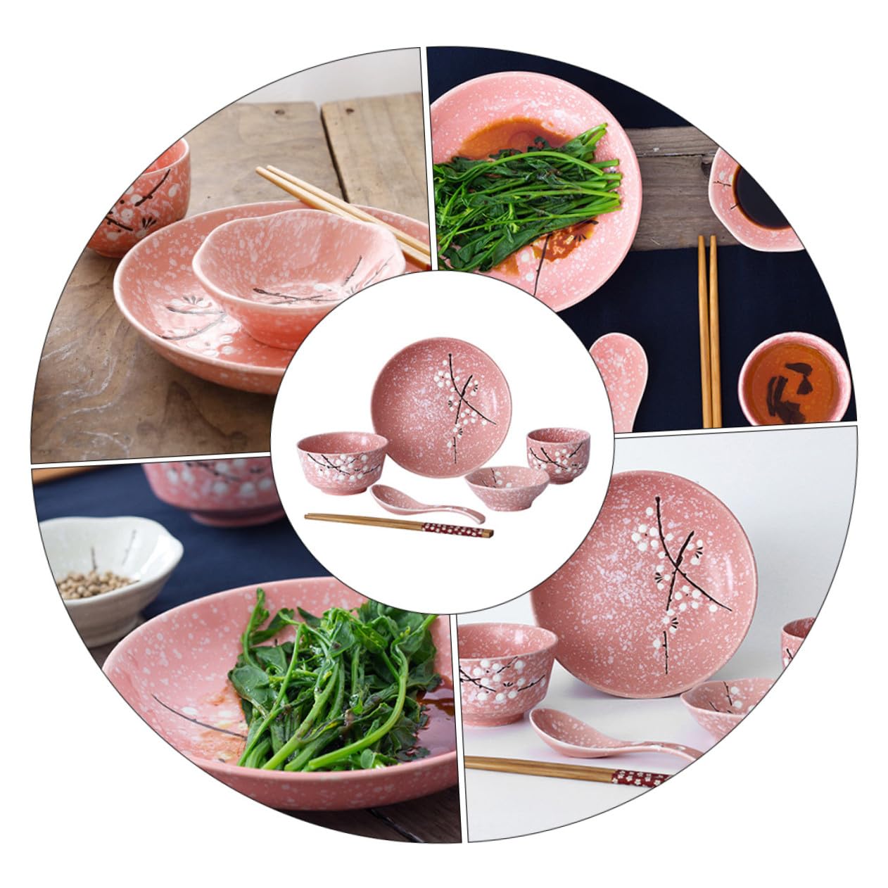 Cabilock Vajilla Japonesa de Rosa Incluye Cuencos Platos Vasos Cucharas y Palillos Diseño Elegante para Uso Doméstico y Restaurante