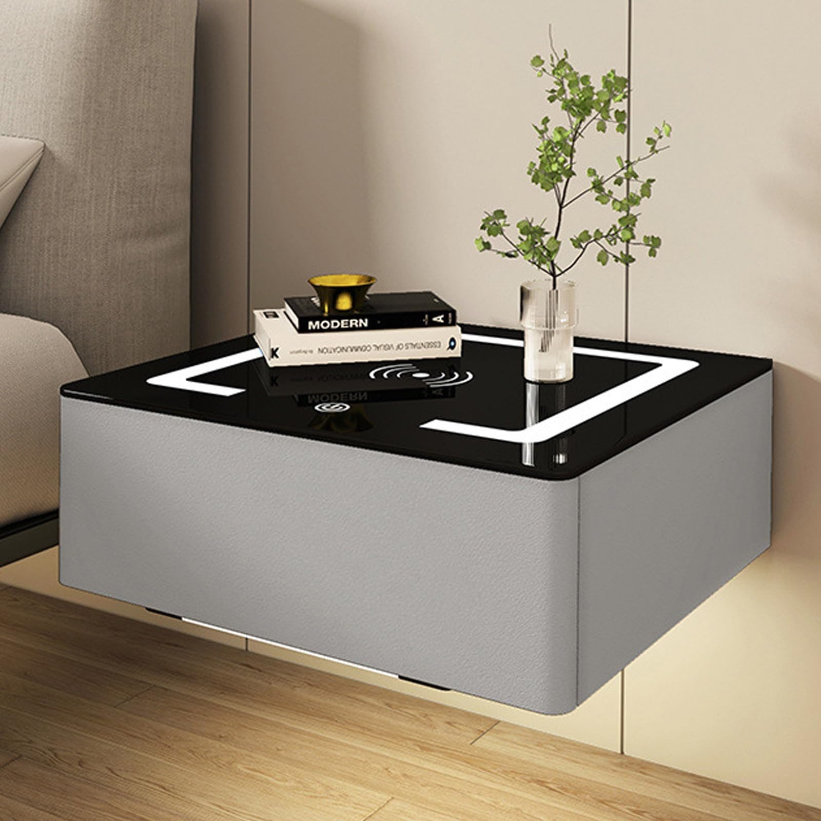 Table de chevet murale à LED flottante avec station de charge et tiroir de rangement