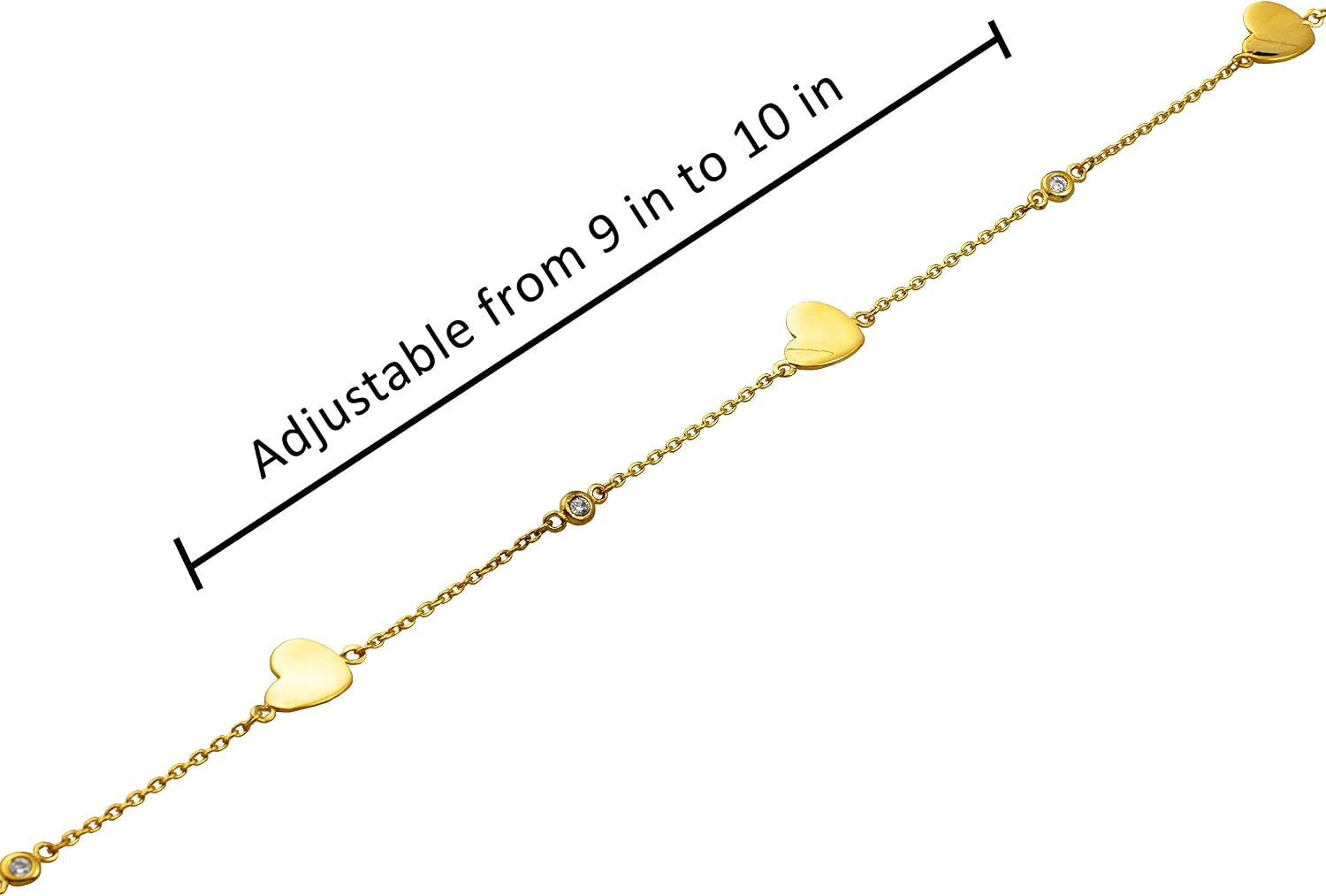 LoveBling 10K Yellow Gold .5mm 4 CZ Stones and 3 Heart Charm Anklet Adjustable 9" - 10" (#73)