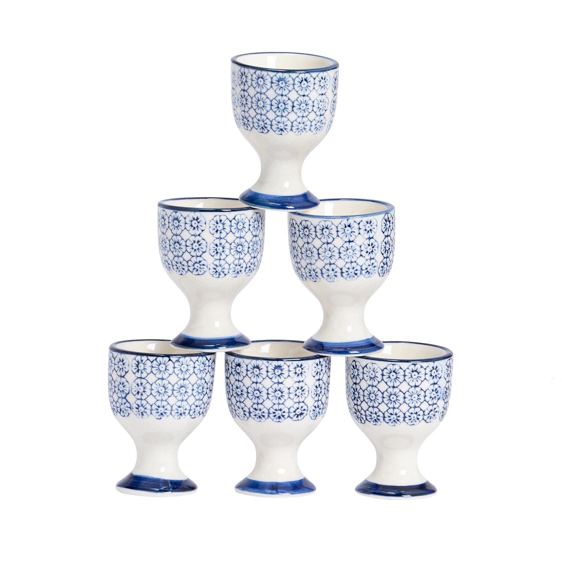 Nicola Spring Navy Argon Tableware Hand Printed Egg Cups - Pack Of 6 - Porcelain Breakfast Brunch Easy Clean Hard Soft Boiled Eggs Dipping Holder Stand For Breakfast, Brunch
