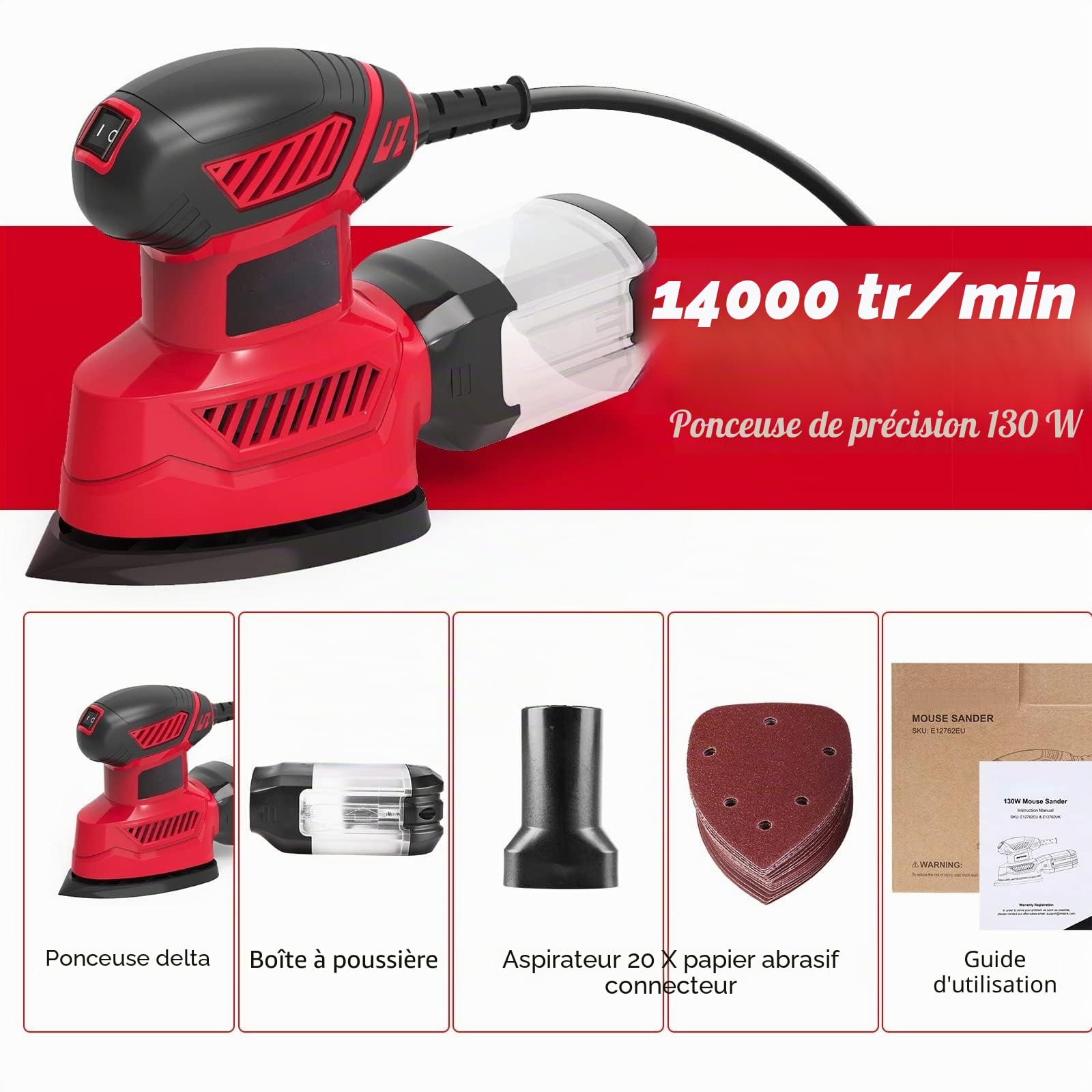 Ponceuse 130W 14000RPM Ponceuse Delta Avec 20 Papiers Abrasifs, 1 Boîte à Poussière, 1 Raccord Sous Vide, Pour Polir les Murs, le Bois, la Peinture, les Meubles, le Métal, le Ciment