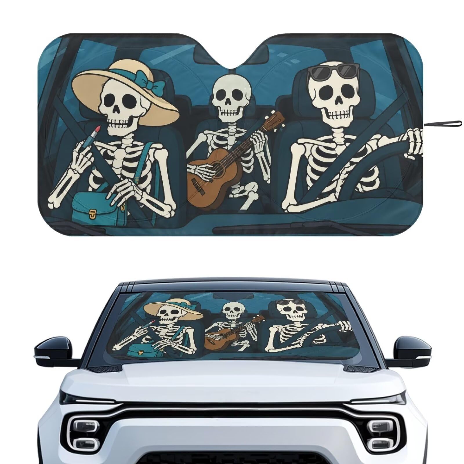 Funny Skeleton Windshield Sun Shade Universal Fits Cars, SUVs, Trucks Sunshade, Keeps Your Vehicle Cool Blocks UV Rays Car Accessories for Summer, (66.53x34.44 Inches)