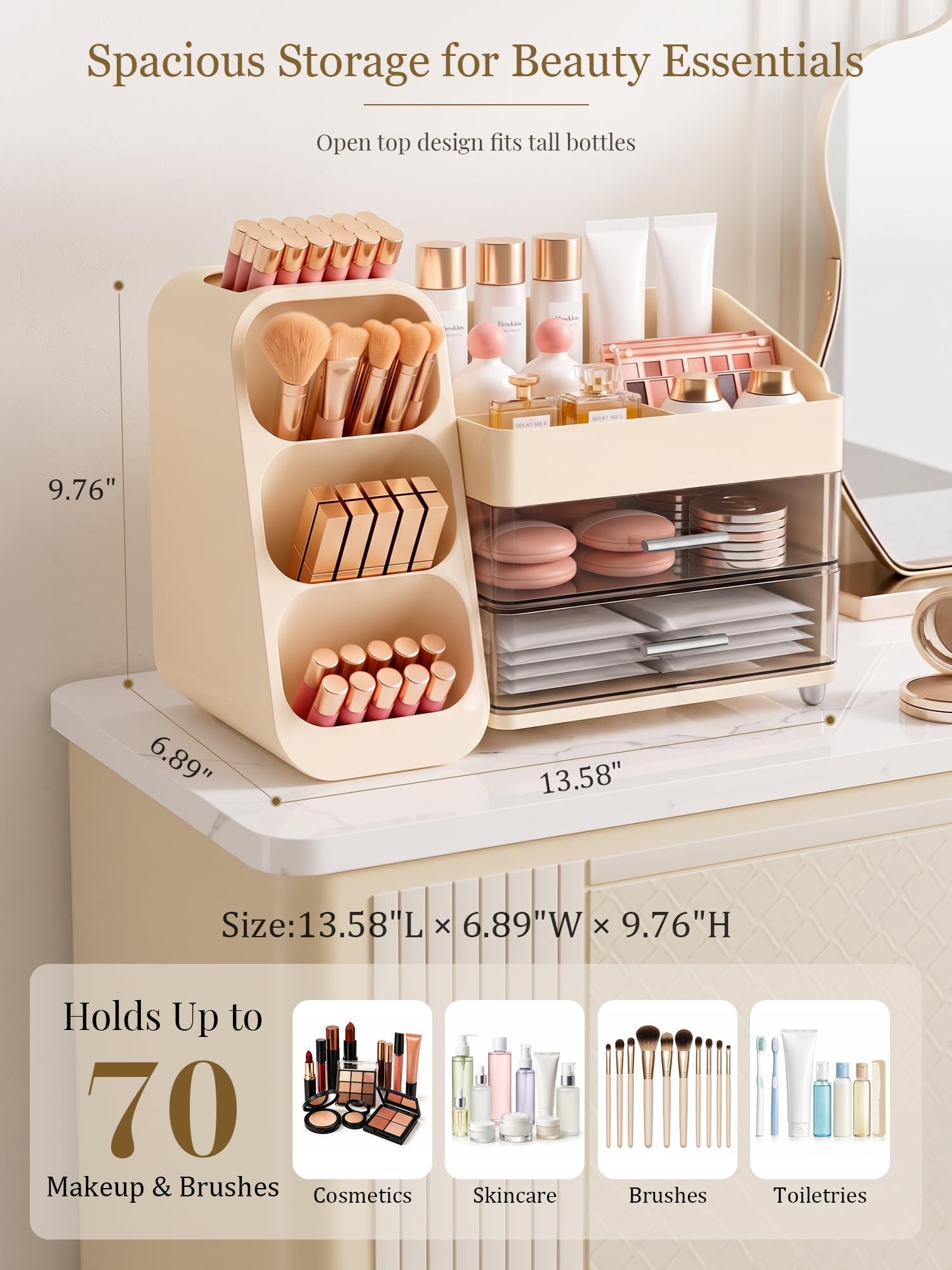 Booklov Large Makeup Organizer for Vanity Countertop, Cream