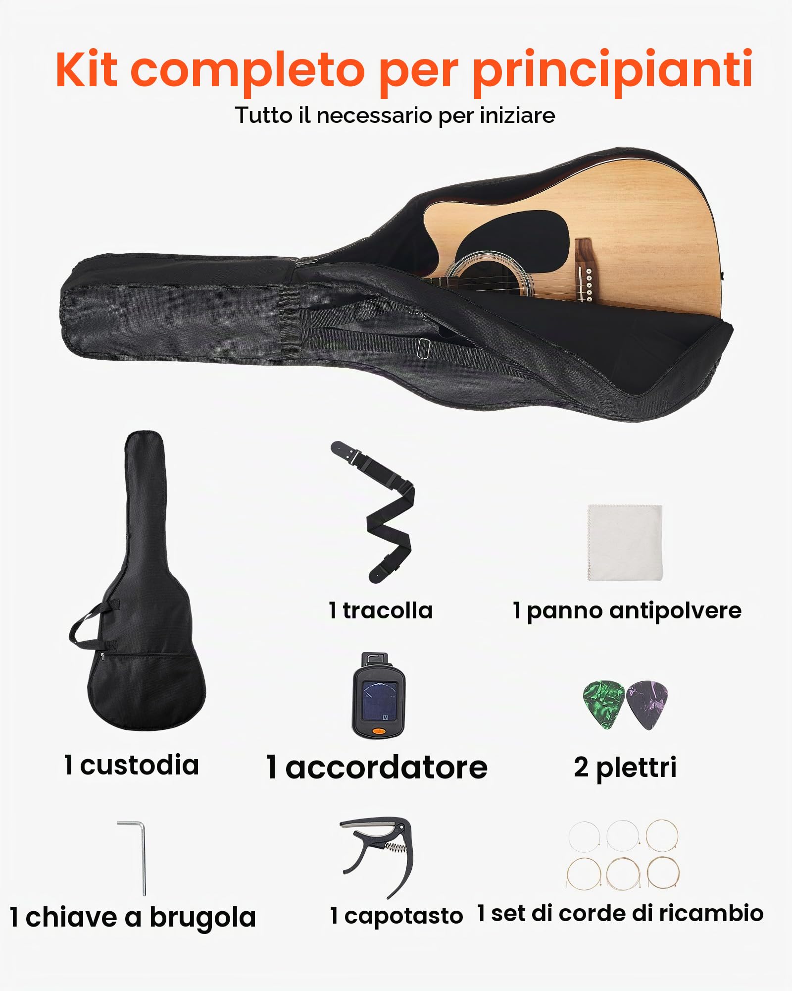 VEVOR Chitarra Acustica Cutaway da 1041,4 mm Chitarra Acustica a 6 Corde con Tavola Armonica in Abete Massello Naturale, Custodia Morbida, Accordatore, Tracolla, Corde in Acciaio, Plettri, Capotasto