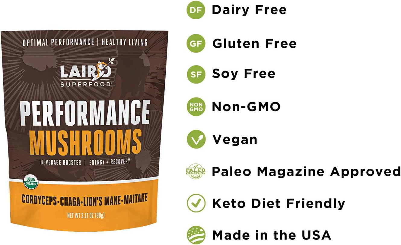 Laird Superfood Organic Performance Mushroom Blend with Chaga, Cordyceps, Lion's Mane and Maitake for Energy and Cognition, 3.17 oz. Bag, Pack of 1 : Health & Household