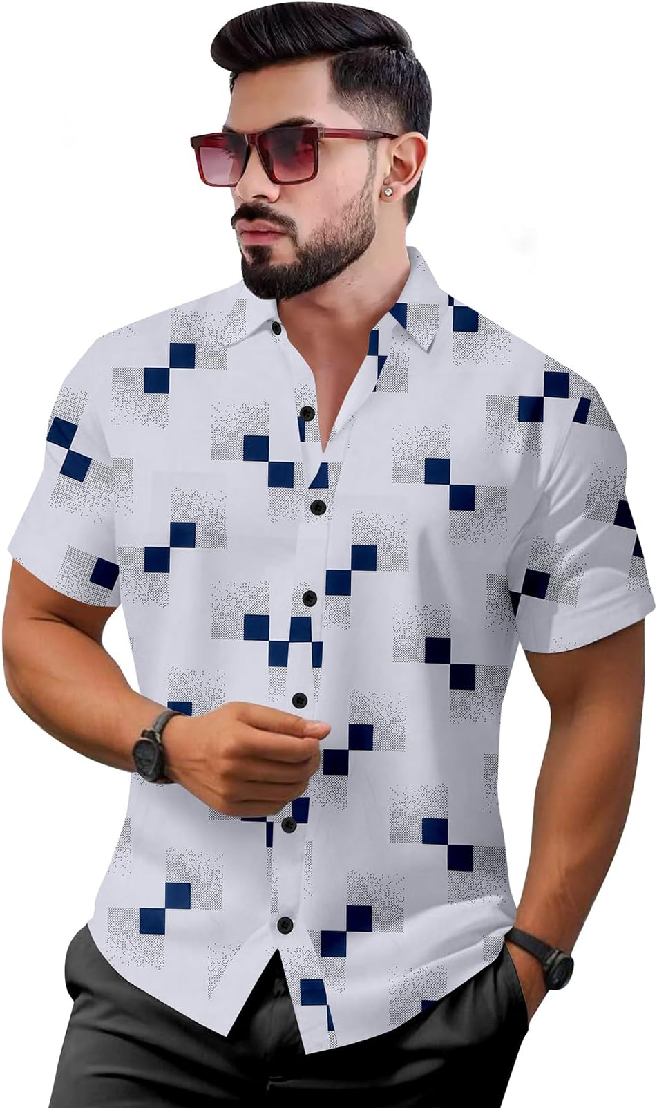 Men's Premium Geometric Printed Summer Wear Latest Print Stretchable Fabric Half Sleeve Regular Slim Fit Cut Away Collar Casual Shirt