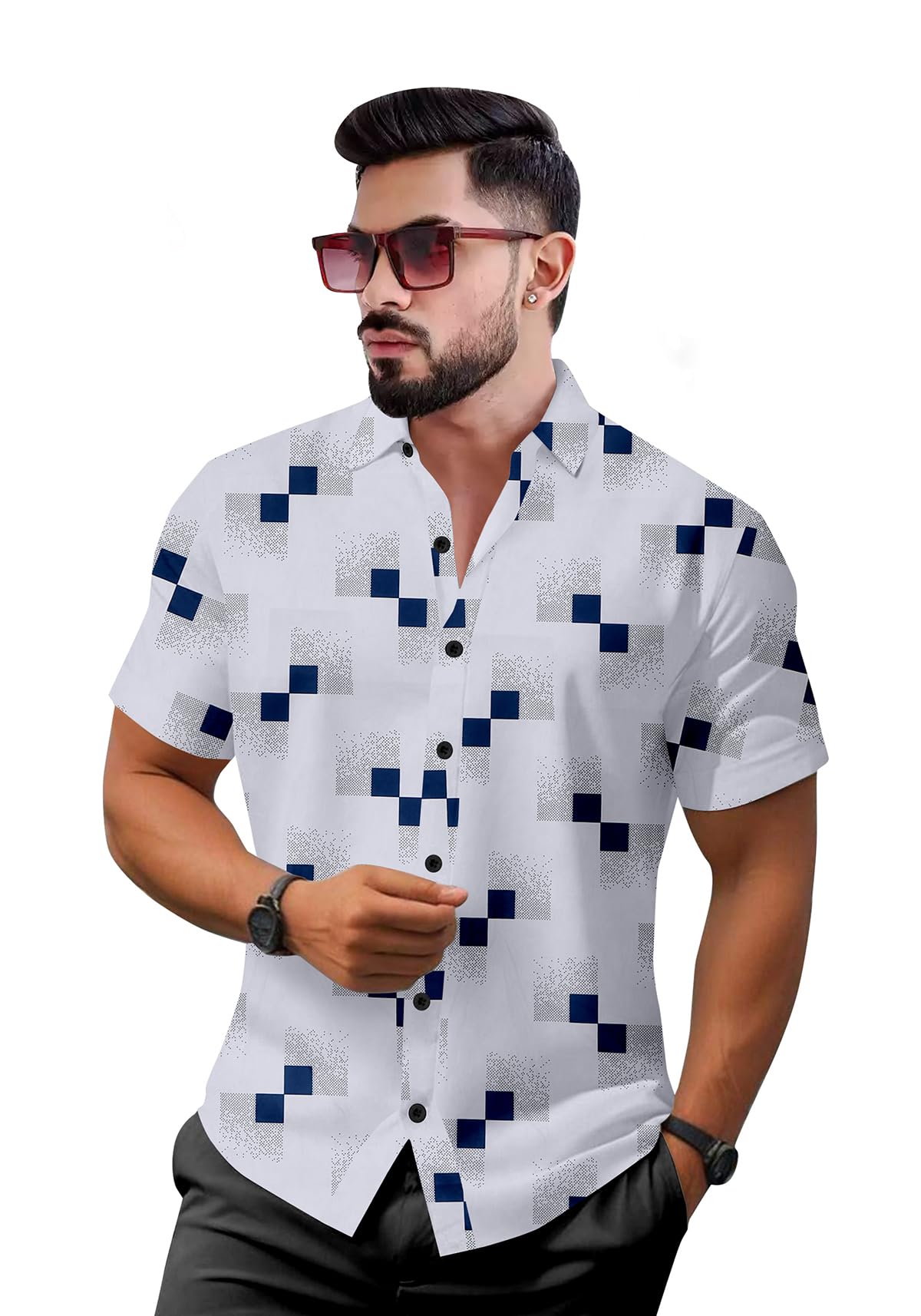 Men's Premium Geometric Printed Summer Wear Latest Print Stretchable Fabric Half Sleeve Regular Slim Fit Cut Away Collar Casual Shirt
