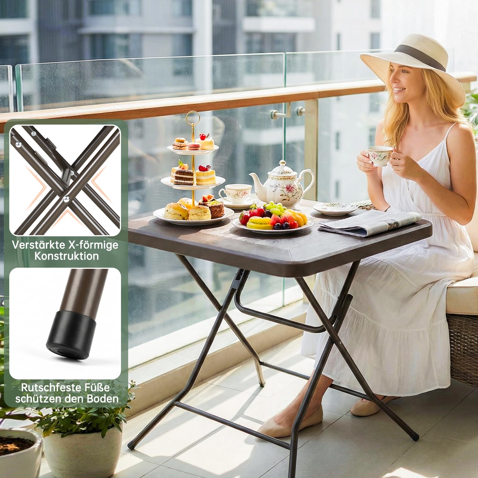 Tavolo da Giardino 80 x 80 x 74 cm, Tavolo Pieghevole Portatile, Tavolo da Campeggio in HDPE, Piano Effetto Legno, con Telaio in Acciaio, Carico Massimo 50 kg, per Giardino, Terrazza e Balcone