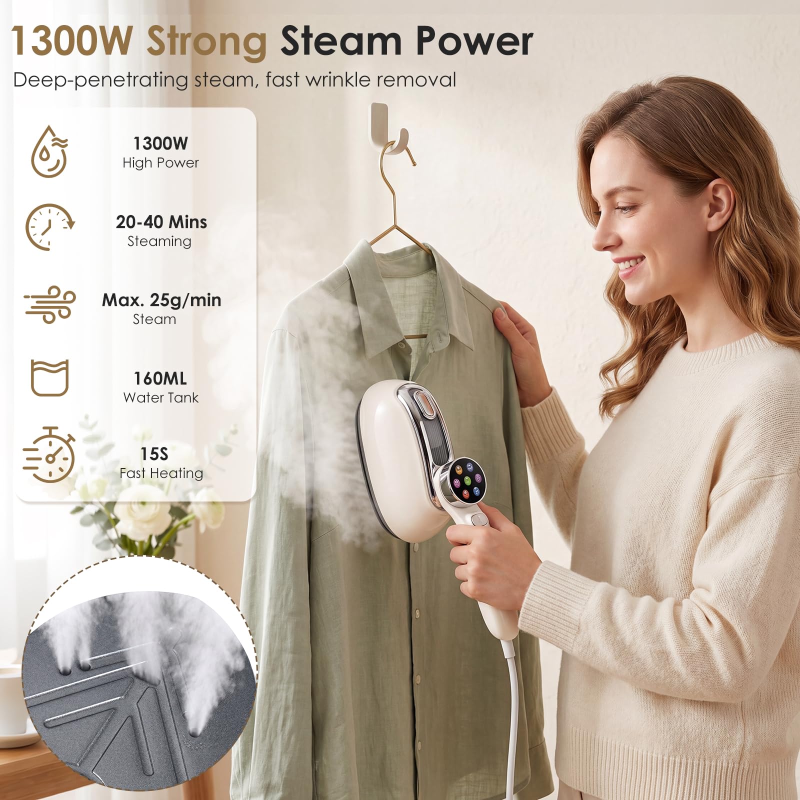 Défroisseur Vapeur Portable 2 en 1 pour Vêtements, 1300W Fer à Repasser de Voyage avec 6 Modes, Réservoir d'eau de 160ML et Écran LED, 15S Chauffage Rapide Défroisseur à Main pour Maison Voyage