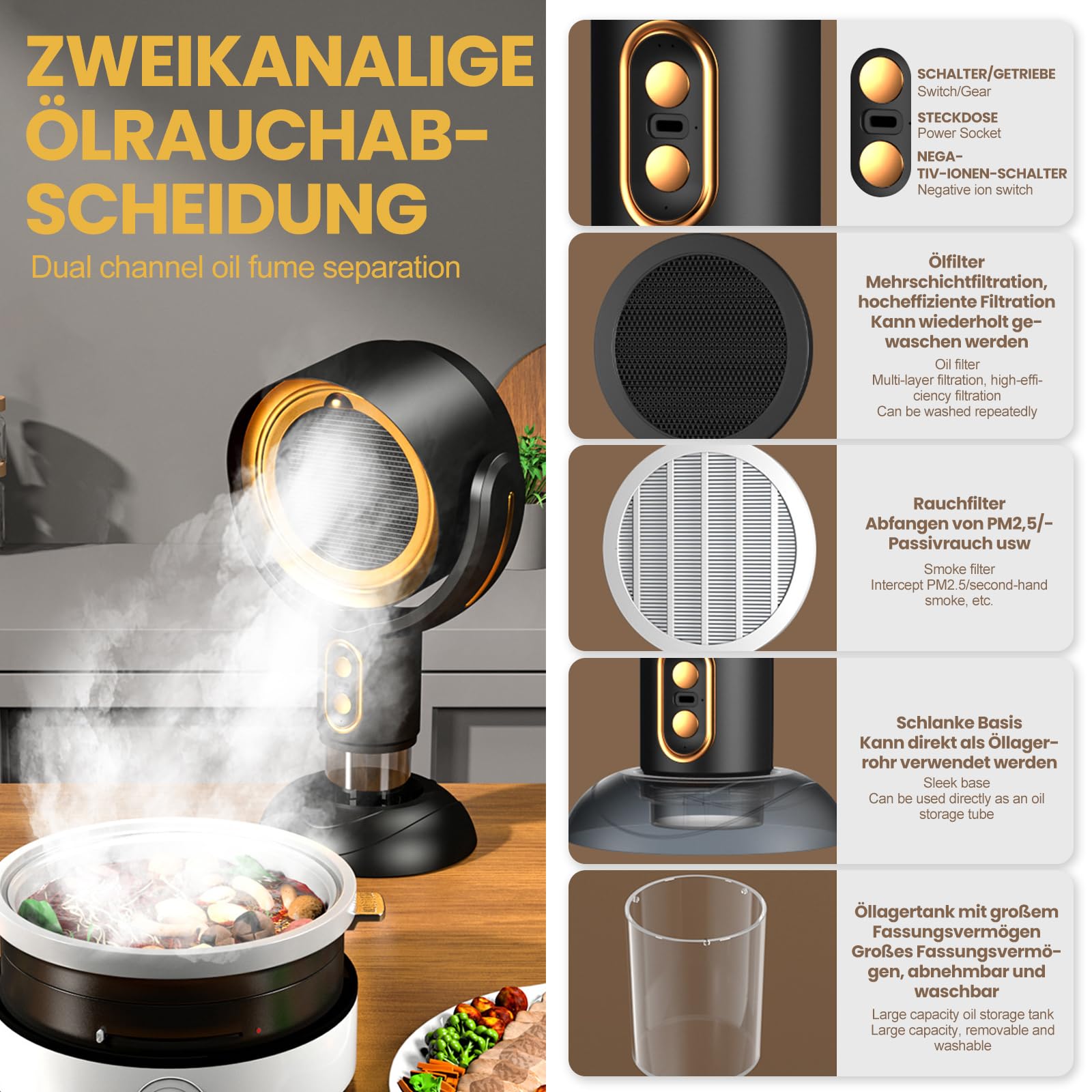 Tragbare Abzugshaube 2-in-1 Mini Dunstabzugshaube mit 2-Gang Abluftventilator, abnehmbarer Aluminiumfilter