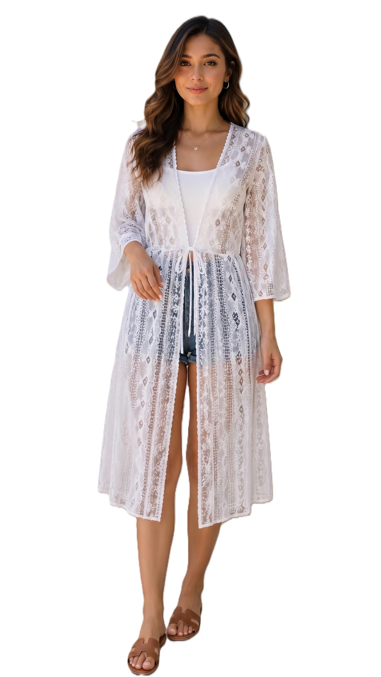 Bedazzle Women's White Lace Long Kimono Cardigan - Sheer Beach Cover Up or Elegant Duster for Summer, Boho Style, Soft Lightweight Shrug, Open Front Resort Wear-picture-50