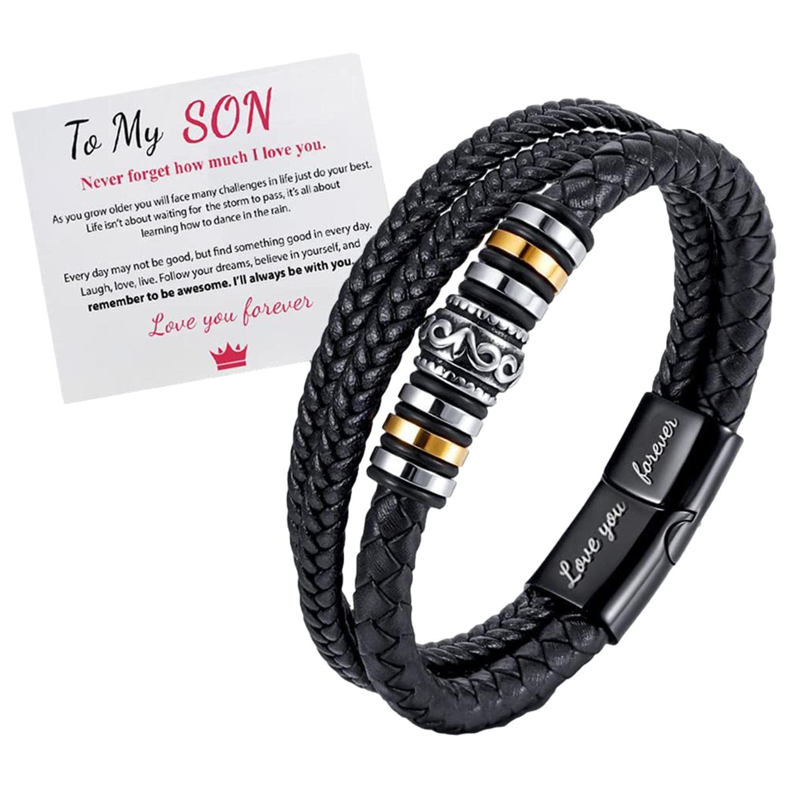 DirfunyBraided Leather Bracelet To My Son Love You Forever - Stainless Steel Inspirational Wristband For Son - Handmade Mens Braided Leather Bracelet Bangle Wristband
