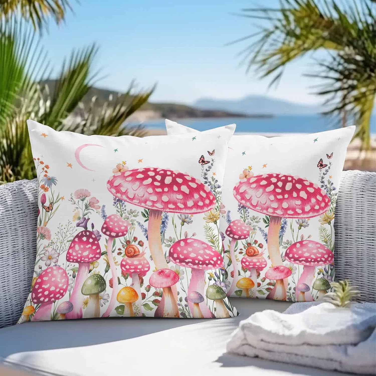 Pack of 2 Waterproof Outdoor Pillow Covers 24x24 Inch Decorative Pillow Covers Farmhouse Throw Pillow Covers Spring Moon Mushroom Flowers Leaf Pink Outdoor Cushion Covers for Couch, Patio, Tent