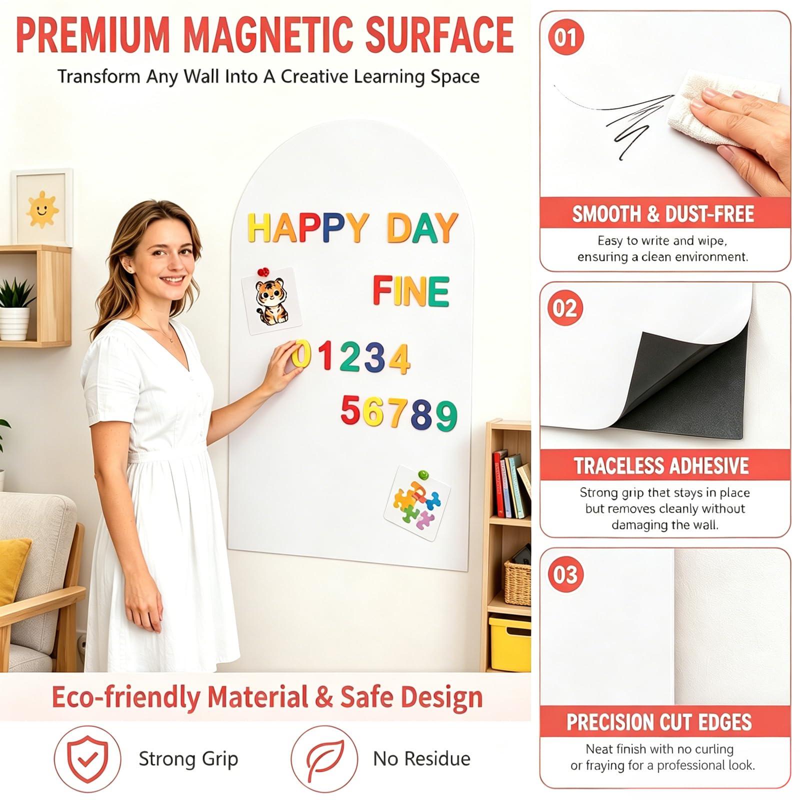 RANJIMA Adhesivo de pared magnético de 100 x 45 cm, pared magnética autoadhesiva para dibujar y escribir, lámina magnética regrabable con accesorios, pizarra magnética para casa, oficina, aprendizaje