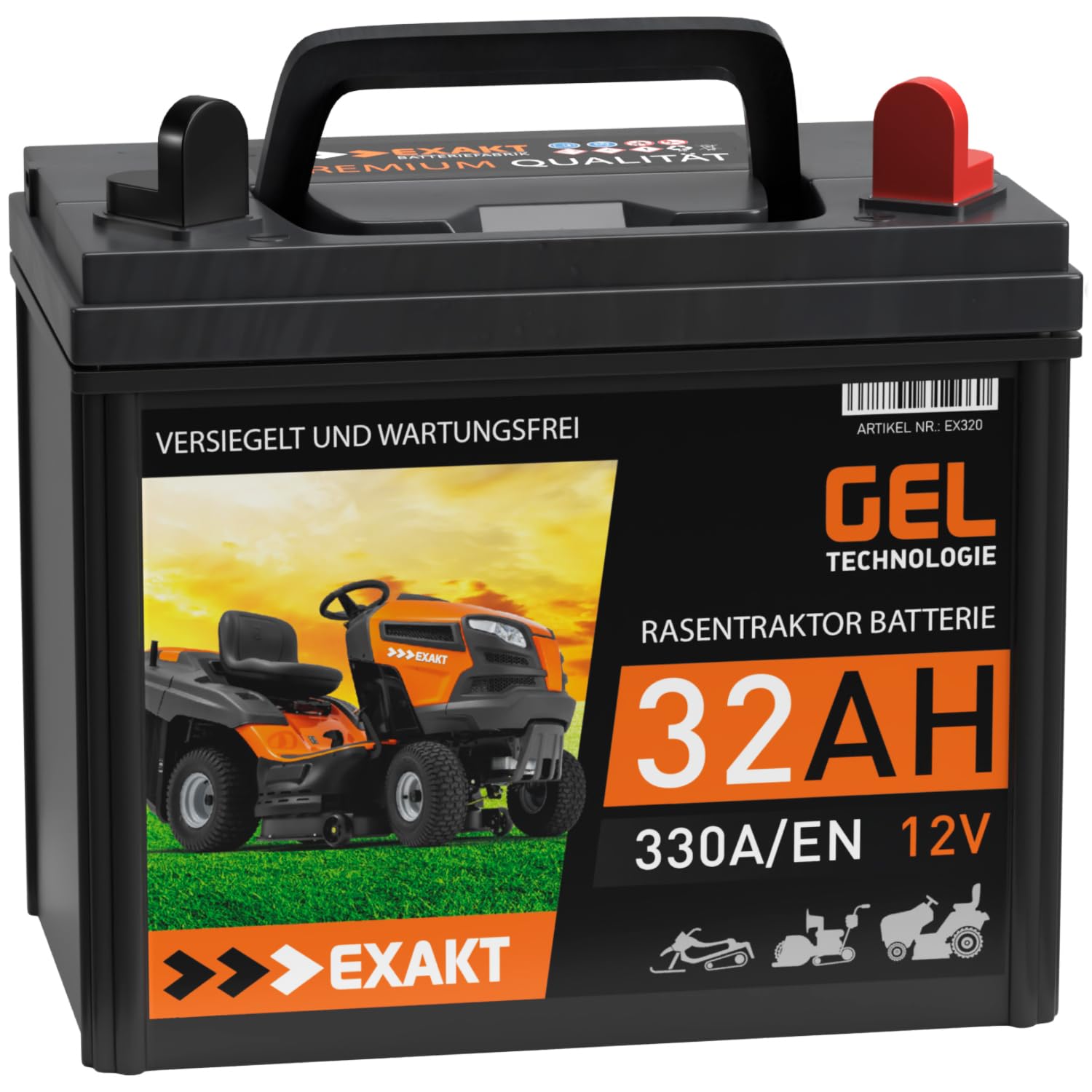EXAKT Rasentraktor Batterie 12V 32Ah GEL Batterie Plus Pol Rechts Aufsitzmäher Rasenmäher Starterbatterie ersetzt AGM 24Ah 26Ah 28Ah 30Ah