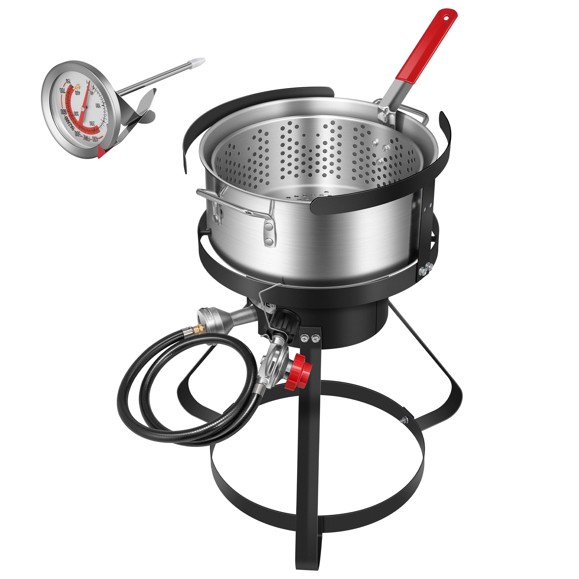 VIVOHOME 10Qt Aluminum Fish Fryer Pot with 6.7Qt Strainer Basket, 4 Inches Thermometer and 54,000 BTU Propane Burner for Outdoor Cooking