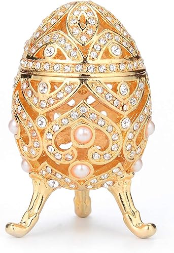 Faberge - Caja de joyería de huevo con bisagras, adornos clásicos pintados a mano de metal, regalo vintage para decoración del hogar, color dorado