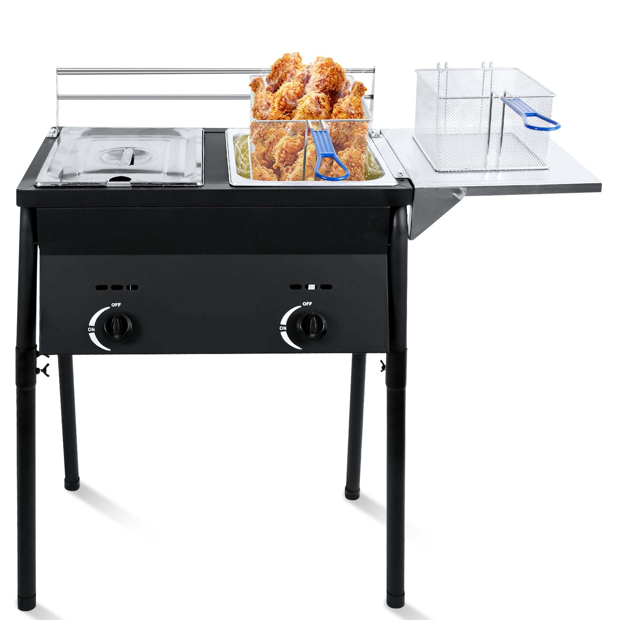 Lifevio Cast Iron Black Outdoor Deep Fryer | Commercial Deep Fryer with 2 Stainless Steel Basket & Lids | Adjustable Temperature Gas Fryer with Regulating Knobs | Large Oil Tanks Capacity