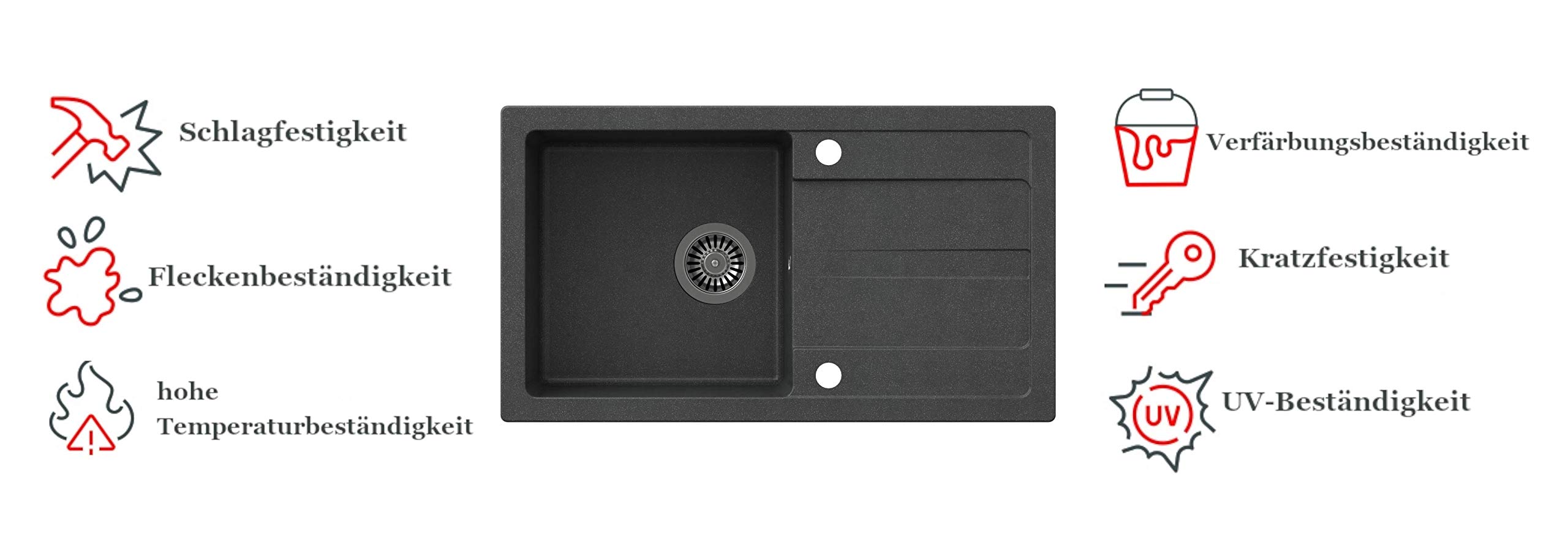 VBChome Spülbecken mit Armatur 77 x 44 cm Schwarz Einzelbecken Einbauspüle Abtroffläche gesprenkelt reversibel Verbundspüle + Siphon Spülmittelspender Armatur