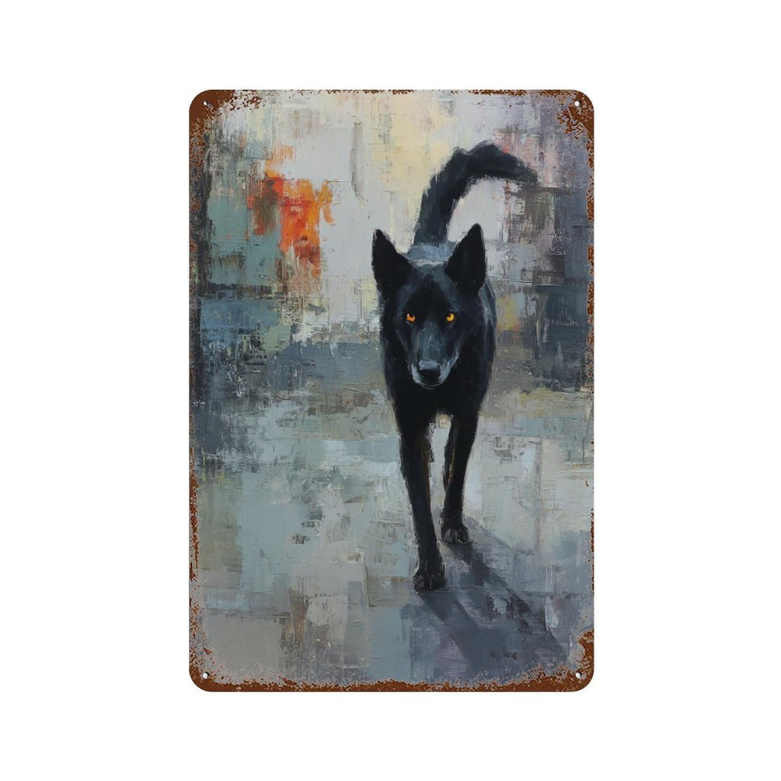 Garage Style Black Wolf Painting Artwork Rustic Tin Plaque 11.8"x7.9", Farmhouse Wall Decor for Bar And Workshop