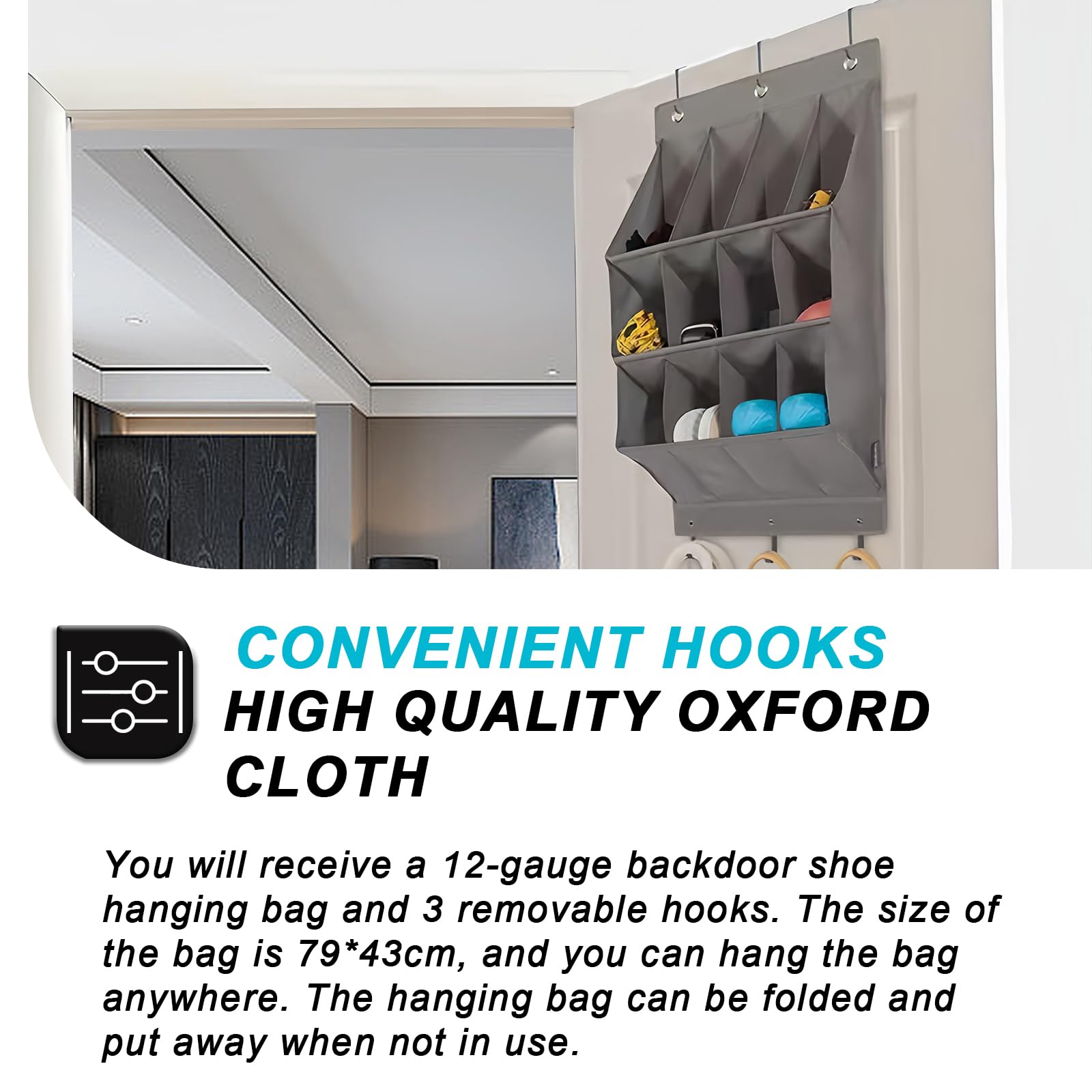 Organizer per scarpe sopra la porta: 12 tasche, organizer per scarpe da appendere con 6 ganci, salvaspazio, per scarpe, per scarpe, accessori per la casa, ecc, WLQ-RA121-GD