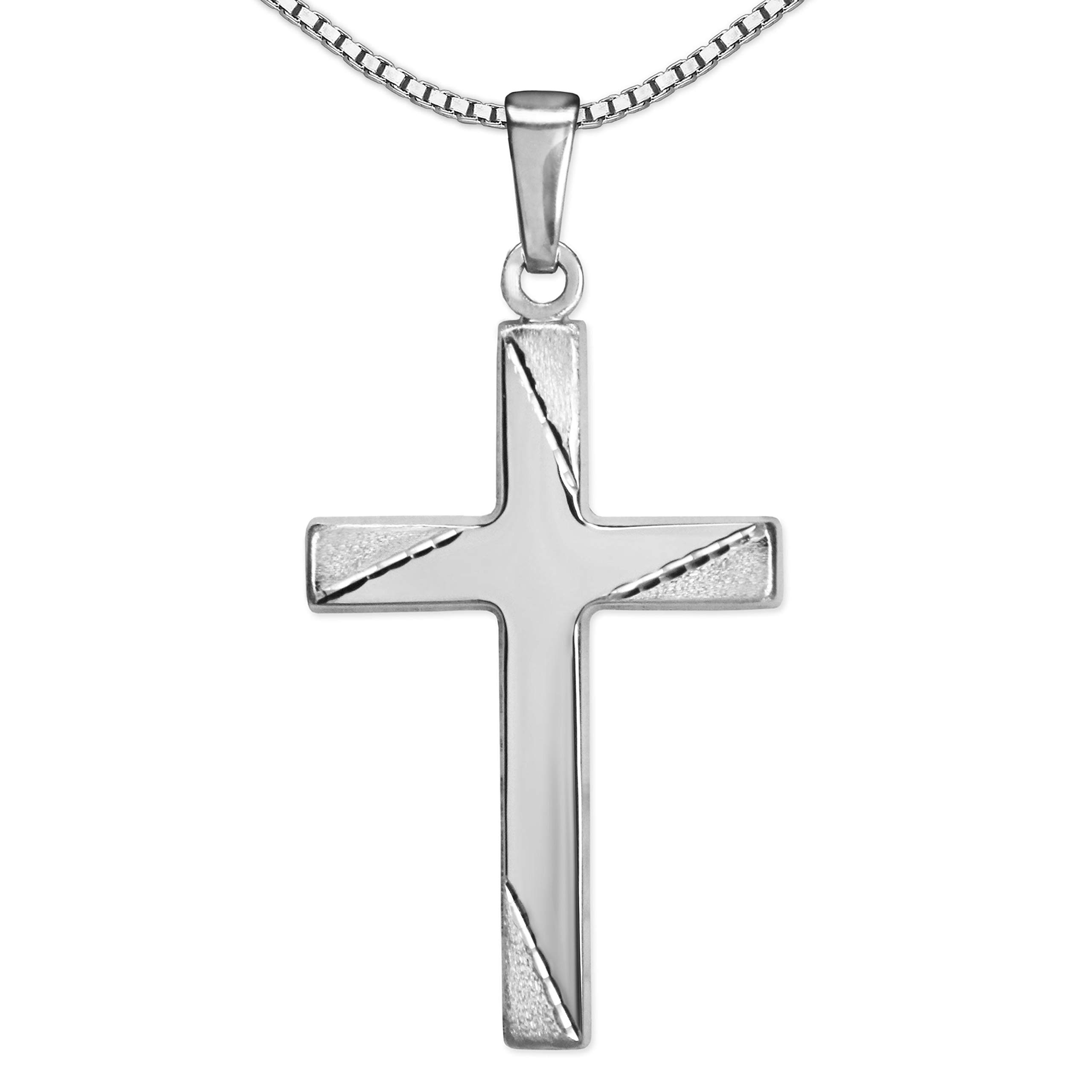 CLEVER SCHMUCKSilver Youth Cross Pendant 21 x 14 mm Shiny Cross Ends Satin Finish with 4 Decorative Lines Diamond-Coated and Venice Chain 45 cm 925 Sterling Silver
