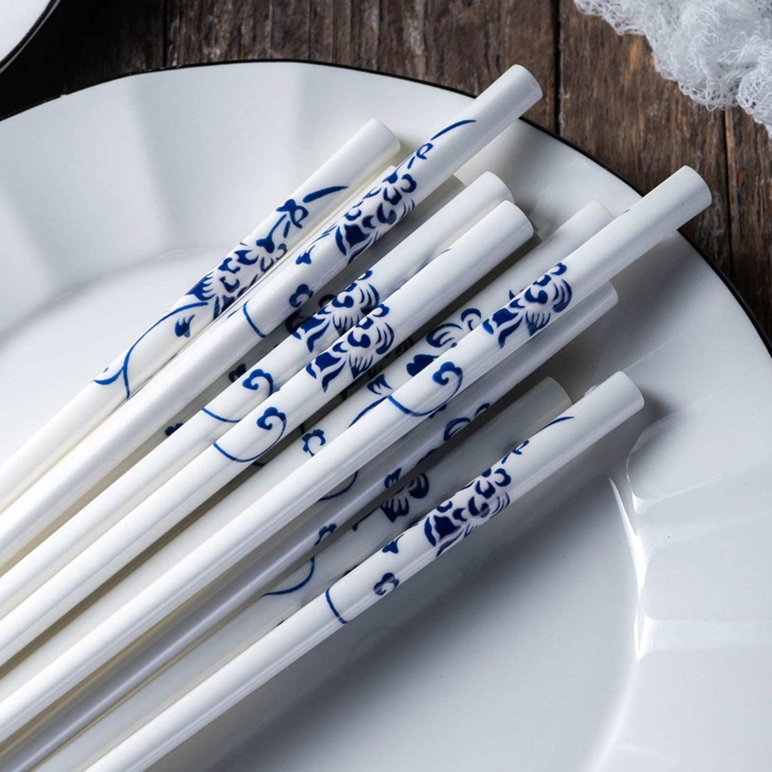 Baguettes en Bois, 24 cm, en céramique, Bleu et Blanc, pour la Maison(2 Paires 24cm)