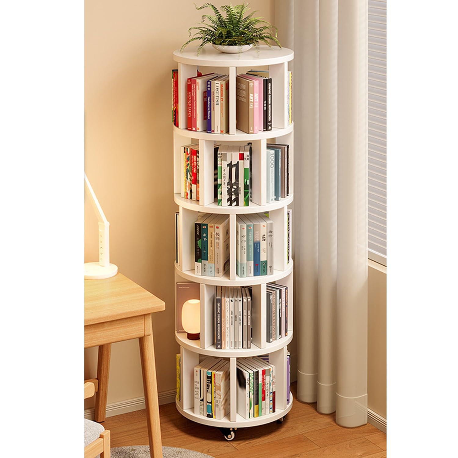 Rotating Bookshelf Tower 2/3/4/5/6 Tier Wood Rotating Bookshelf Wooden Book Shelf Standing Storage Rack, Narrow Tall Bookshelves Ideal For Small Spaces Living Corners(White,5 Tier)