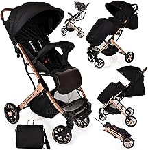 Lightweight Stroller, Baby Pushchair, Compact Travel Buggy, One Hand Foldable, Upgraded Wheels, Four Seasons Stroller, Foot Cover, Mommy Bag, Rain Cover (Black - Rose Gold Frame)