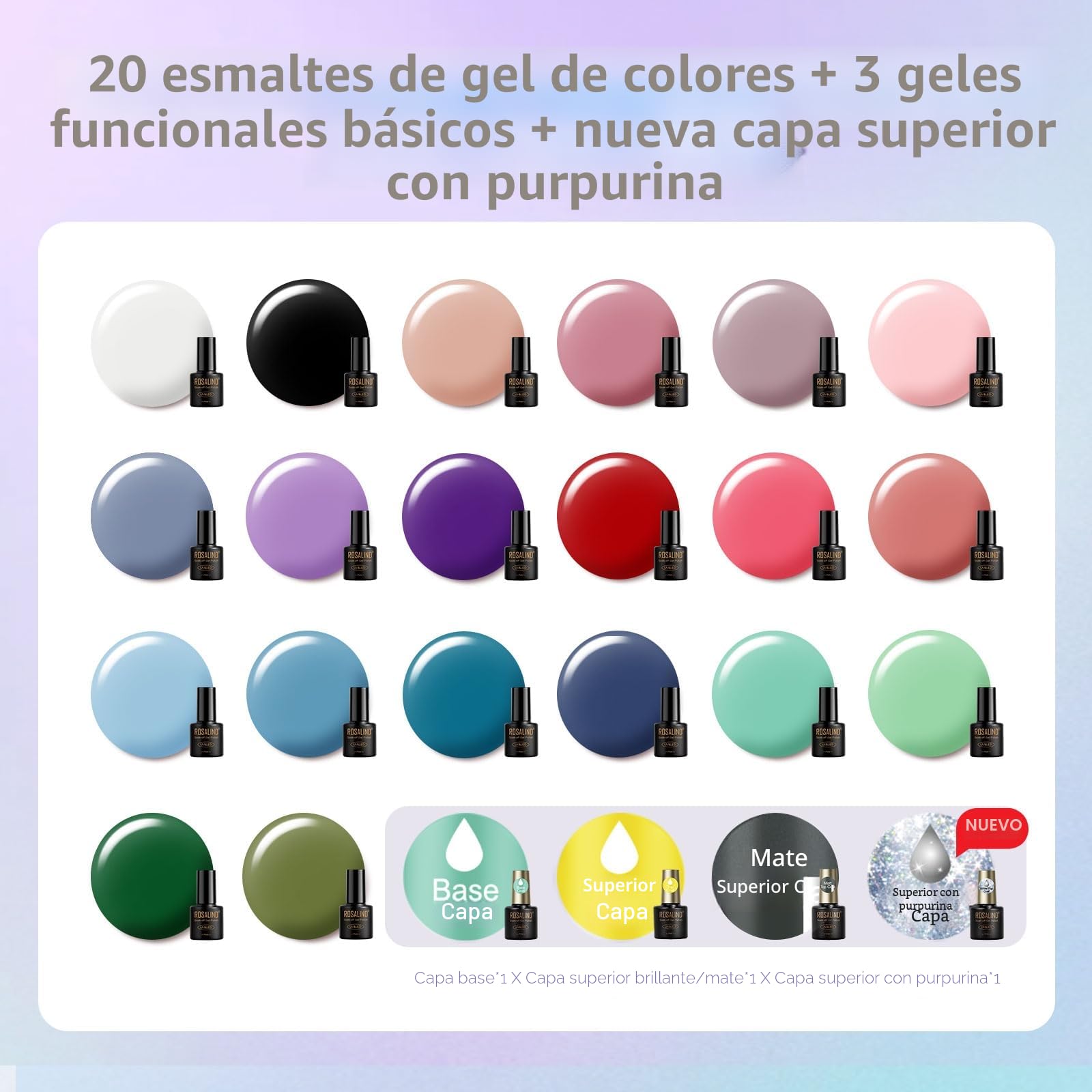 ROSALIND Kit Uñas Semipermanentes con Lámpara 48W, 20+4 Piezas Esmaltes Semipermanentes Blanco Negro Morado Rojo Azul Verde Colores Uñas Semipermanentes Kit Completo Con Lima Electrica Uñas