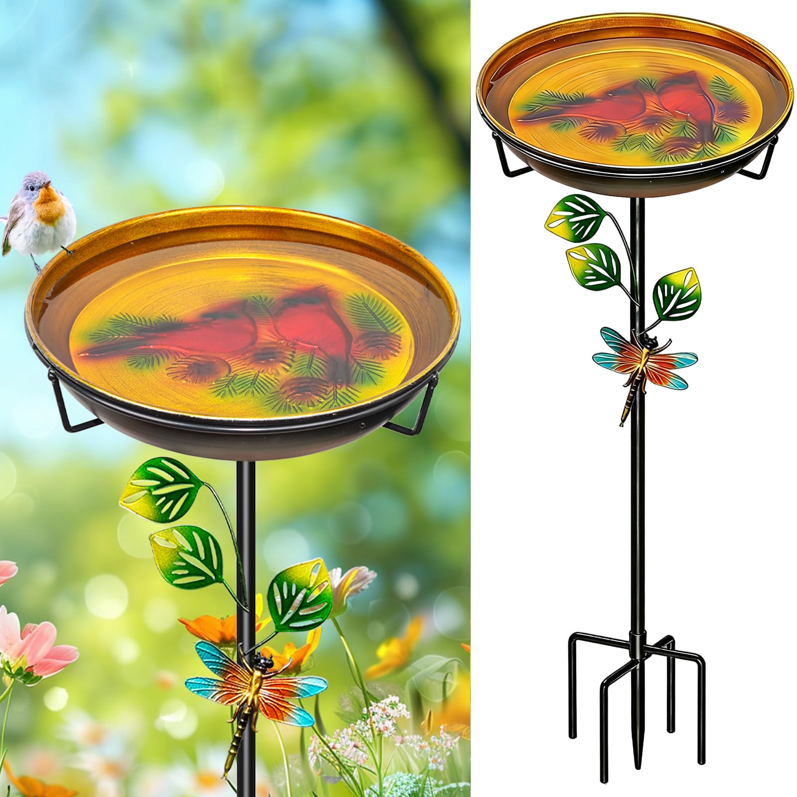 Baño de metal para pájaros exterior con estaca de 5 puntas y comedero de pie amarillo y rojo