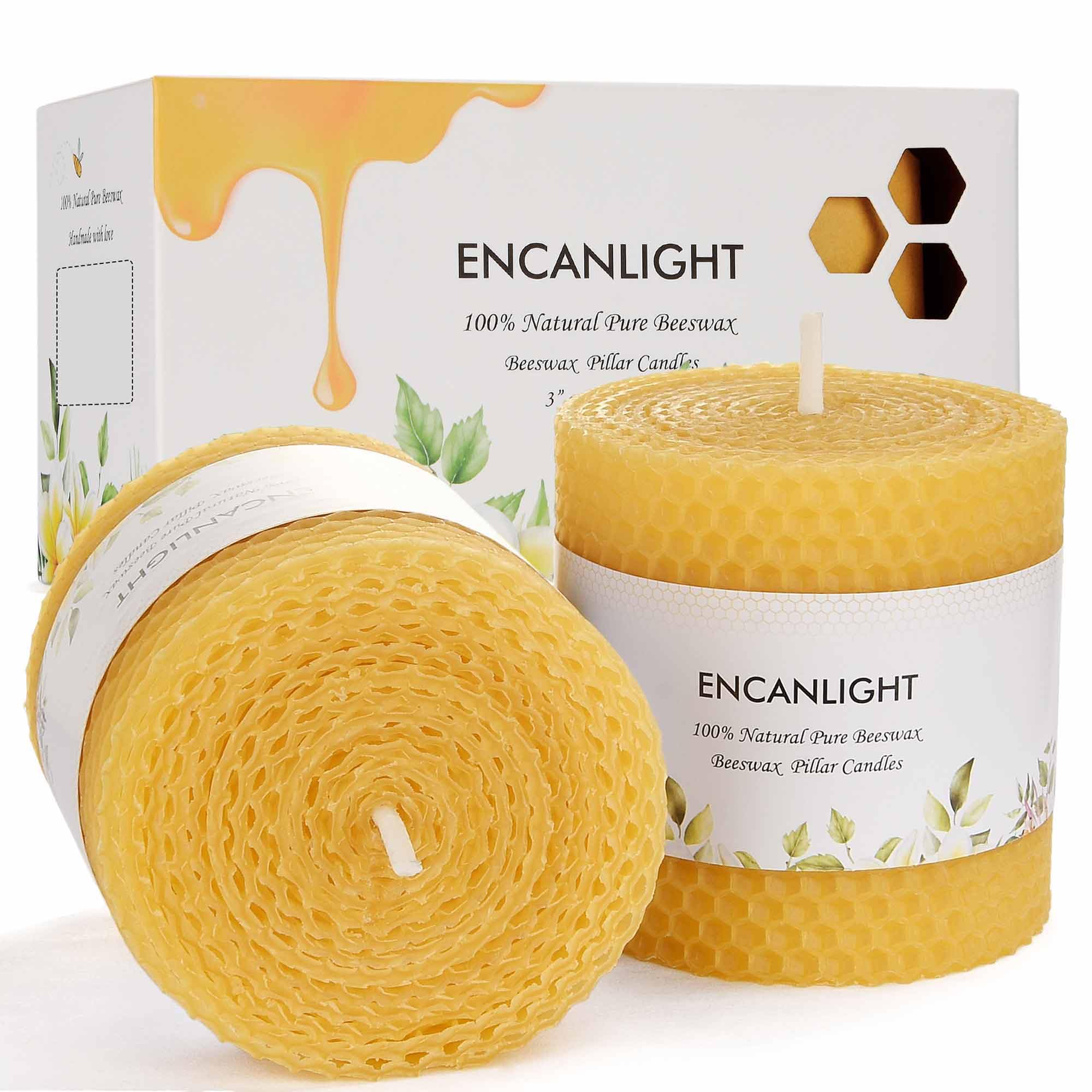 Beeswax Pillar Candles, 3x3 in Hand-Rolled Honeycomb Candle 2 Pack - Dripless and Smokeless, Approx 9 Hours Burn Time for Home Decor Party Wedding Dinner