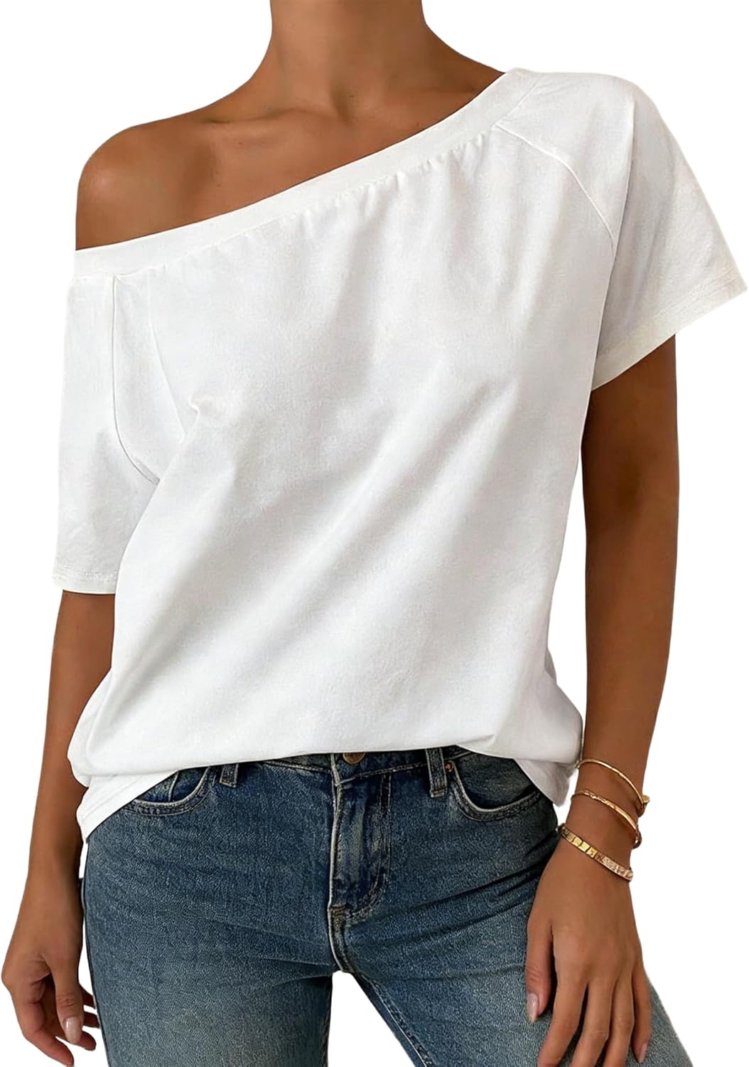 LilyCoco Off The Shoulder Tops for Women Casual Summer Short Sleeve Raglan Shirts