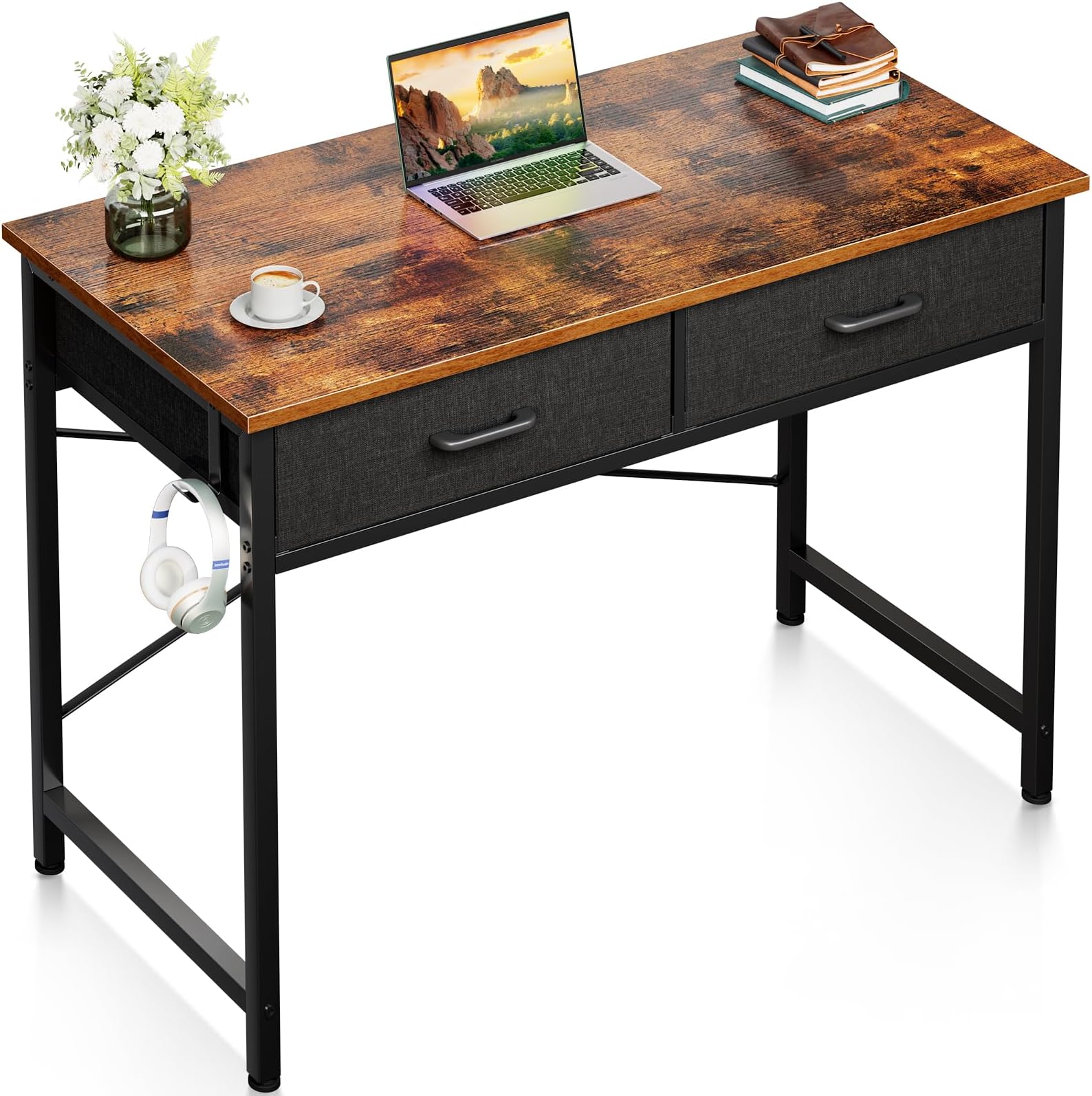 32 Inch Small Office Computer Desk with 2 Drawers & Headphone Hook - Compact Writing Desk for Home Office, Study or Work, Modern Space-Saving Design for Small Spaces, Pure Vintage