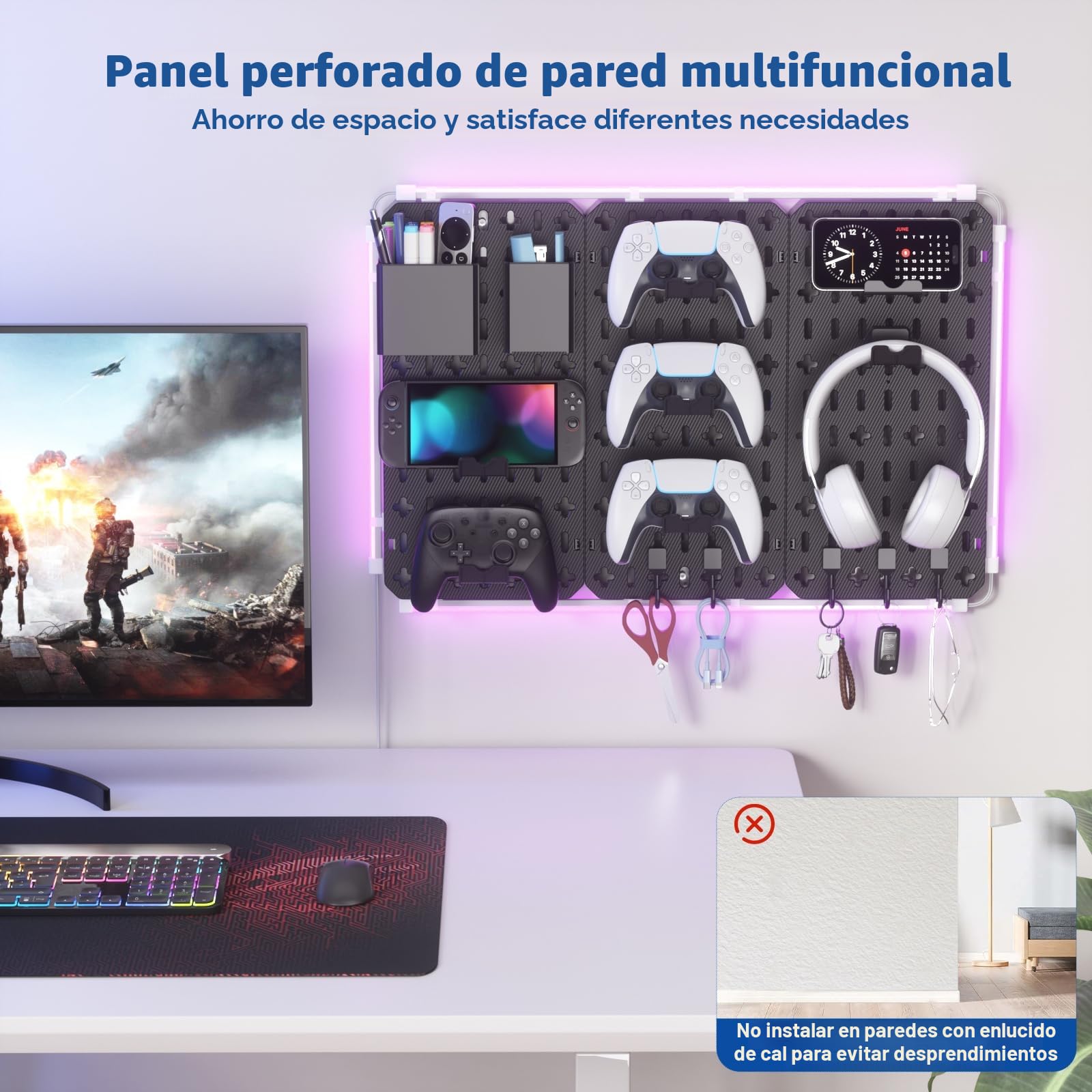 KDD 7 en 1 Panel Perforado Organizador Pared, 40x20cm 3 Paneles de Pegboard Gaming con Barra de Luz LED, Tablero Perforado de Kit Combinado con 14 Piezas para Colgar Herramientas para Juegos Oficina