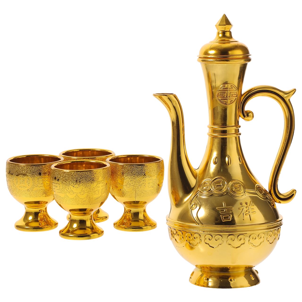 Bouilloire bouddhiste et ensemble de tasses à eau doré vintage pour rituel de prière et yoga