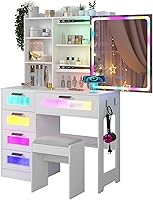 Vista 11 de Escritorio de tocador con luces y espejo deslizante, escritorio de maquillaje con estación de carga, tocador con taburete, juego de tocador LED