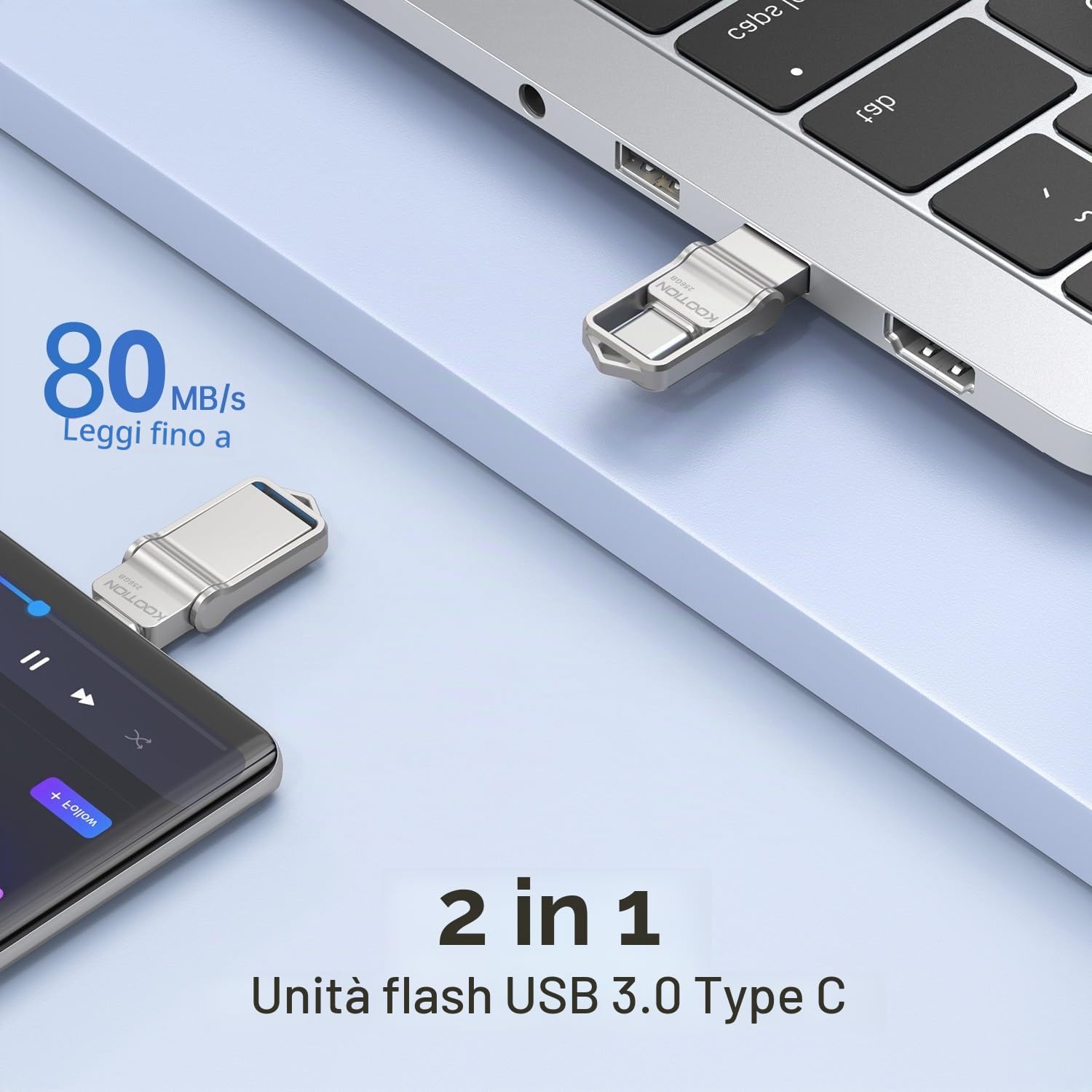 KOOTION Chiavetta USB Tipo C 256 GB USB 3.0 OTG Chiavetta USB C 256GB 2 in 1 Argento Pennetta USB C 256G Velocità fino a 80 MB/s Unità Pennette USB 256G Per Smartphone Android, ect