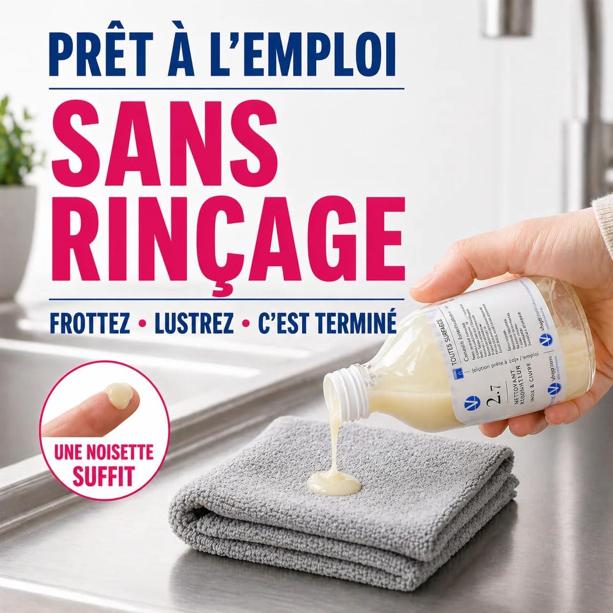N°2.7 Rénovateur Inox Cuivre Concentré – 50 Utilisations Évier Cuisine | 0,58€/entretien, 1 à 2 ans d'utilisation, sans CMR ni perturbateurs endocriniens, sain pour animaux, fabriqué en France