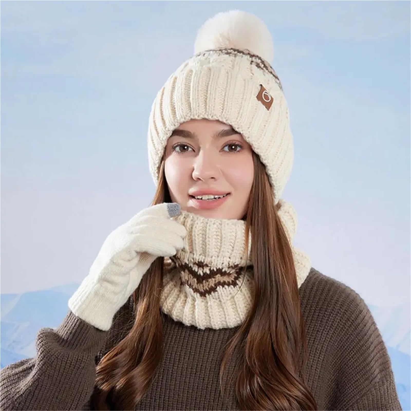 Damen WinteSet Mütze Schal Handschuhe 3-teiliges Set: Warme Wintermütze, Schal, Handschuhe, Nackenschutz, winddicht, gestrickt, for Outdoor-Aktivitäten