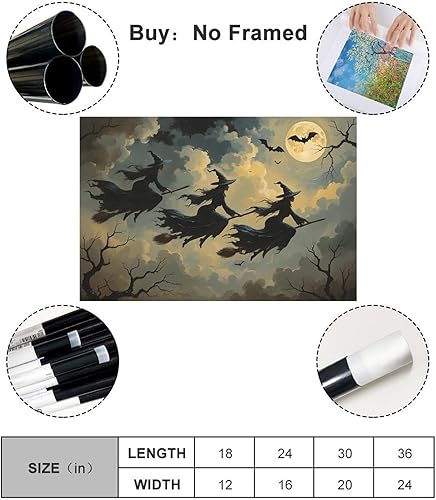 Miniatura 2 de Impresión de tres brujas voladoras Moody Witch in The Forest Imágenes para decoración de pared de Halloween, lienzo de bruja espeluznante, pintura