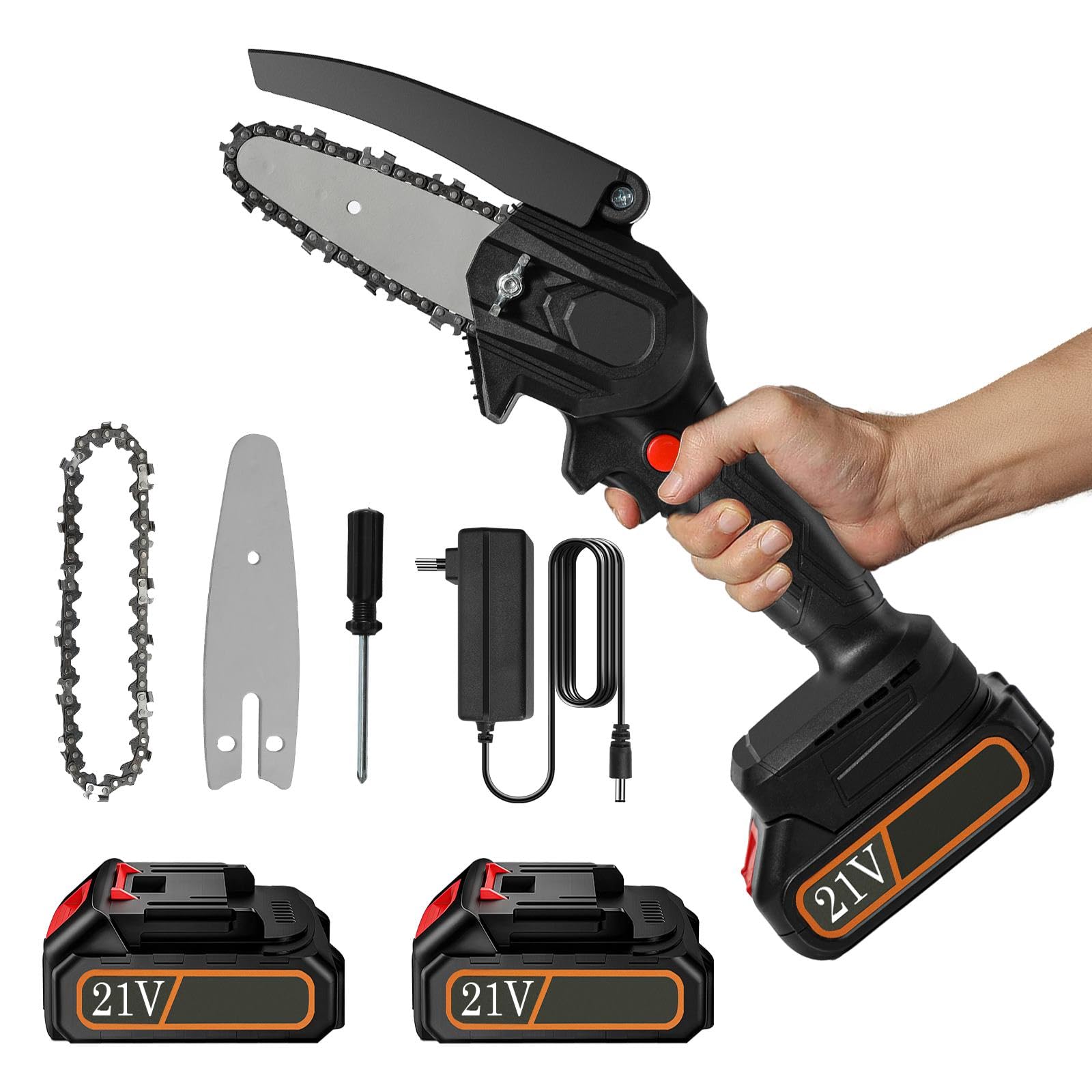 Mini motosierra de batería de 4 pulgadas, 21 V, 6500 mAh, mini motosierra eléctrica inalámbrica, 1 cadenas, para cortar madera, ramas, poda de jardín (2 baterías)