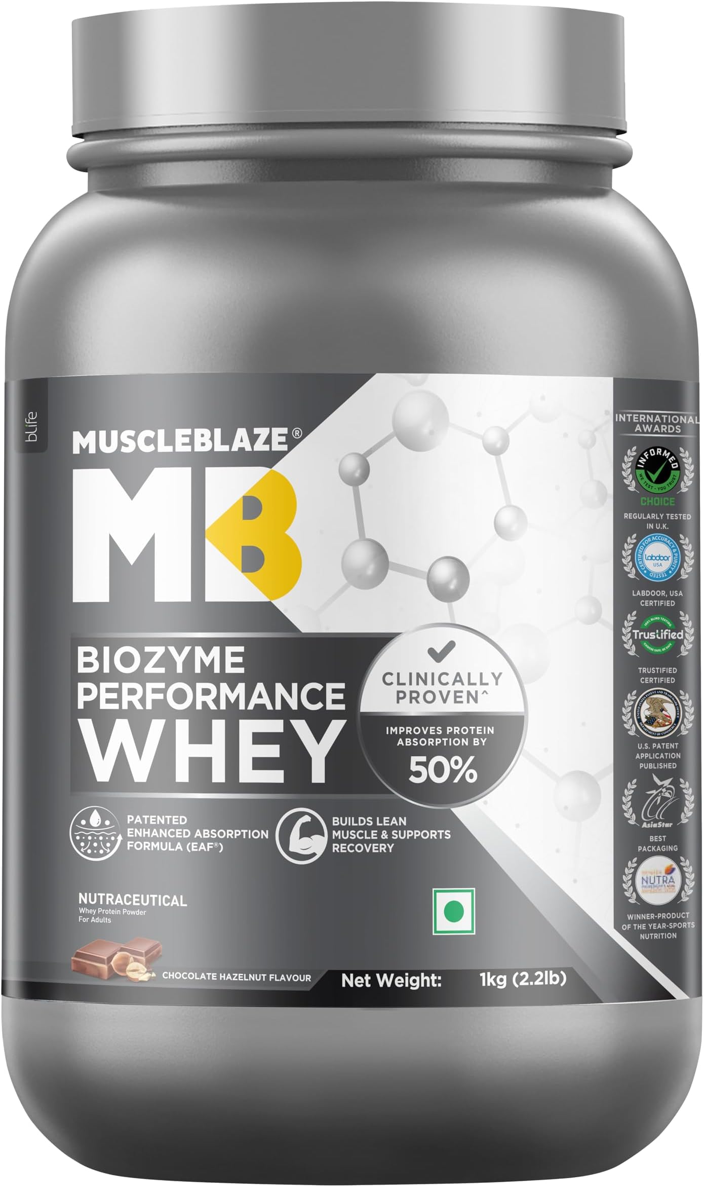 Biozyme Performance Whey Protein Powder, Chocolate Hazelnut (1kg / 2.2lbs) | 25g Protein Per Scoop | Clinically Tested 50% Higher Protein Absorption