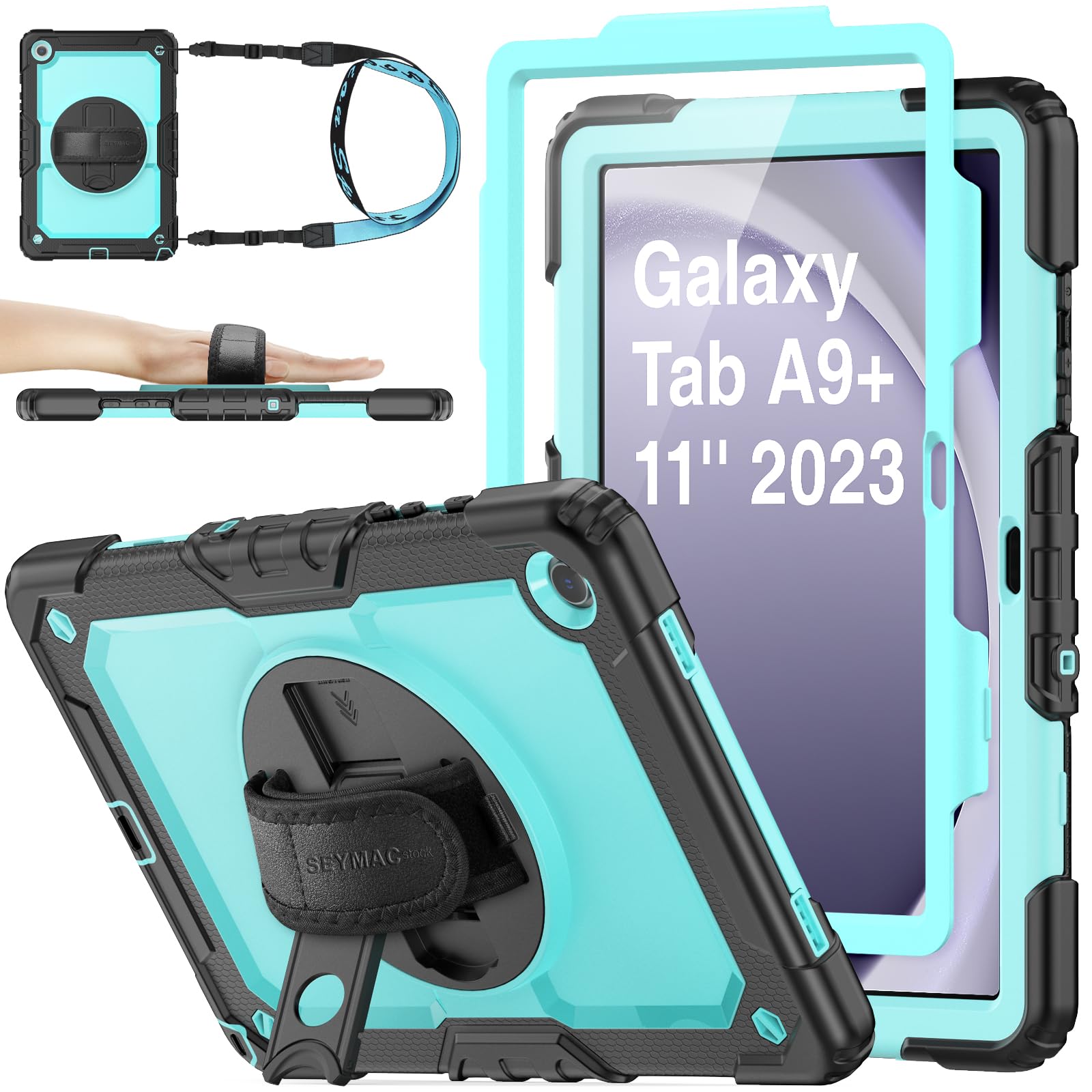 SEYMAC stock Case for Samsung Galaxy Tab A9+ Plus 11'', Full-Body Drop Protection Case with Screen Protector Pencil Holder [360° Rotating Hand Strap]