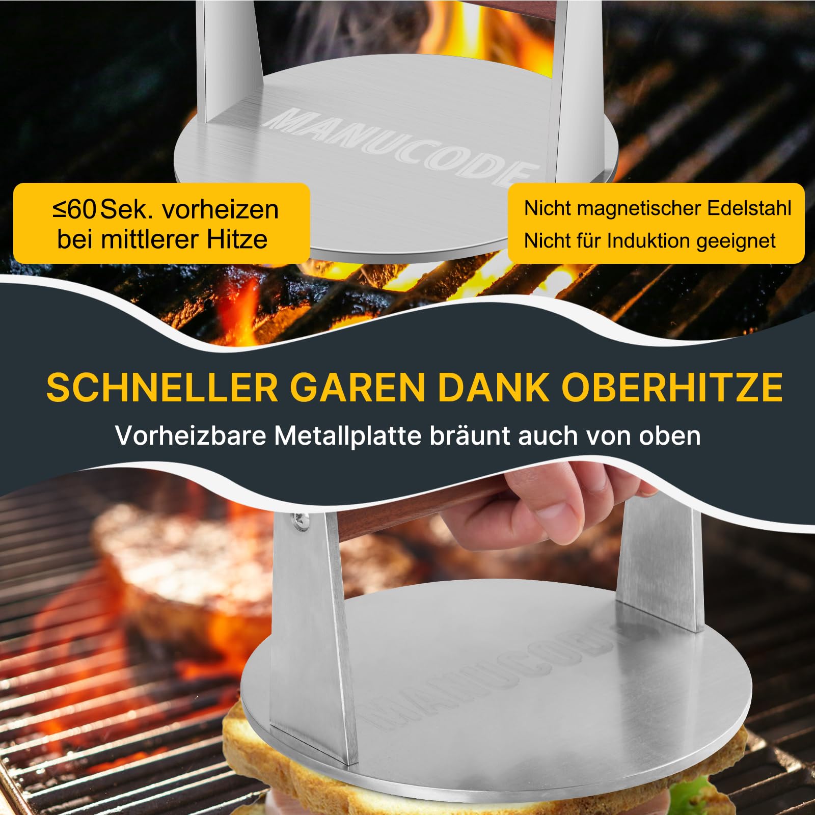 Smash Burgerpresse aus Edelstahl mit Holzgriff, 17 cm Rund, 1 kg | Burger Smasher für Grillfans, kompakt für Steak und Bacon, leicht zu reinigen, für Grill und Pfanne, flache Pressfläche